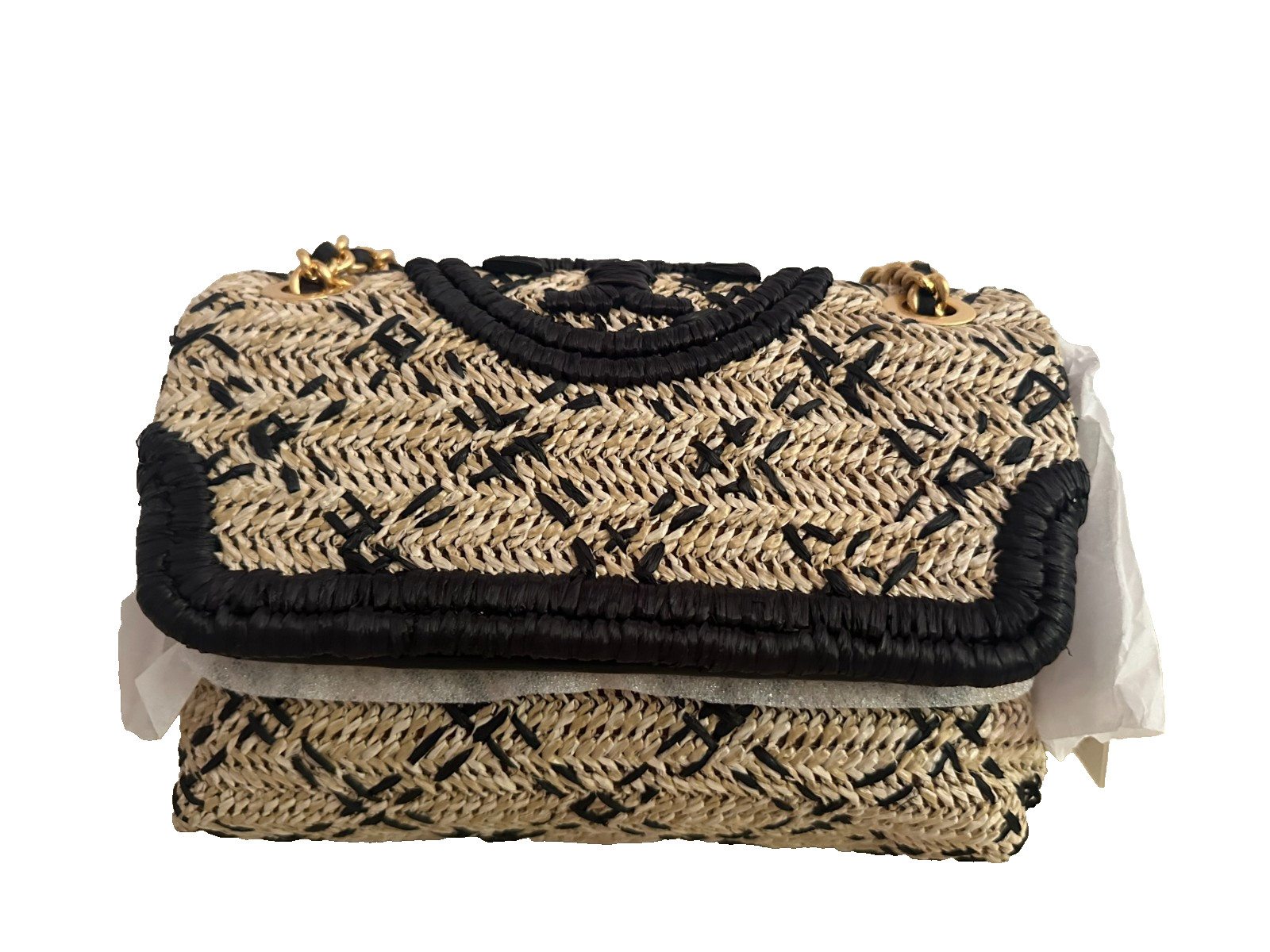 NEW Tory Burch Soft Fleming Classic Black Tan Raffia Convertible Shoulder Bag