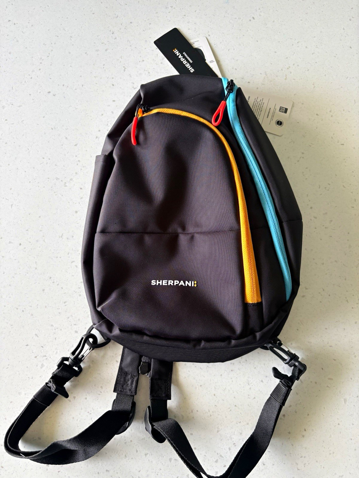 Sherpani Sling Bag RFID Blocking, Black w/ Blue & Orange Zippers, Travel