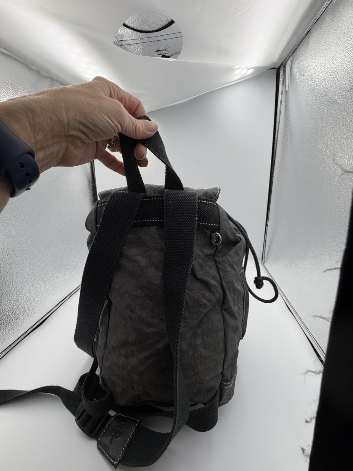 Gray Kipling Backpack Drawstring Hook And Loop Adjustable Straps Top Handle