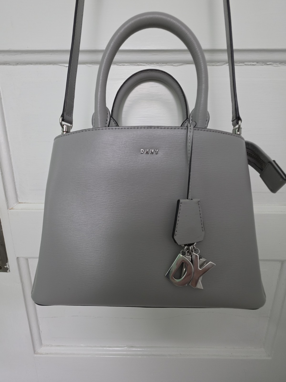 DKNY Gray Satchel Top Handle Zip w/ Adjustable Detachable Strap Charm Silver HW