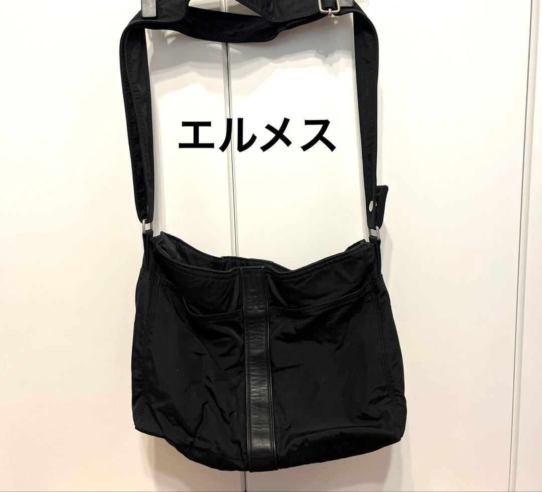 Hermes Black Nylon Shoulder Bag Leather Trim Adjustable Strap 36x26x8 Authentic