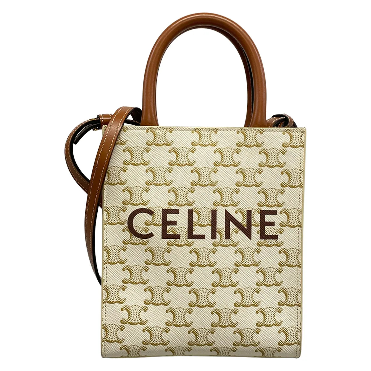 Celine Mini Vertical Cabas Tote Bag Cream Brown Triomphe Canvas Calf Skin