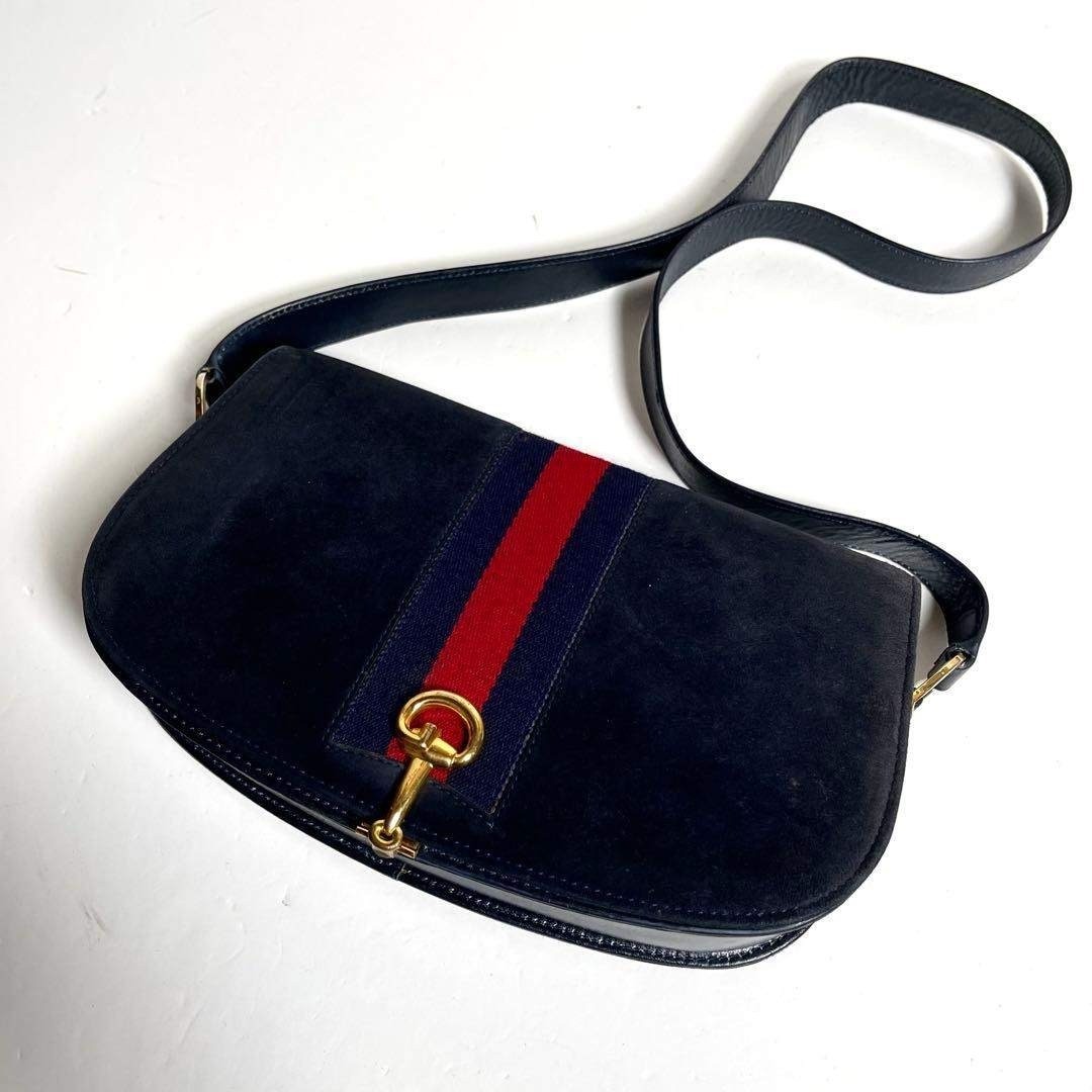 Gucci Shoulder Bag Sherry line Horsebit Suede Navy Vintage Size:W:10.2×H:5.9 in.