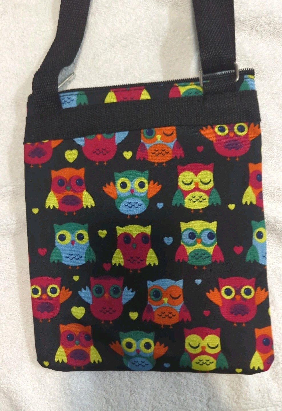 New Owl Print Crossbody Bag Multi Zip Canvas Shoulder Purse Travel Pouche Black