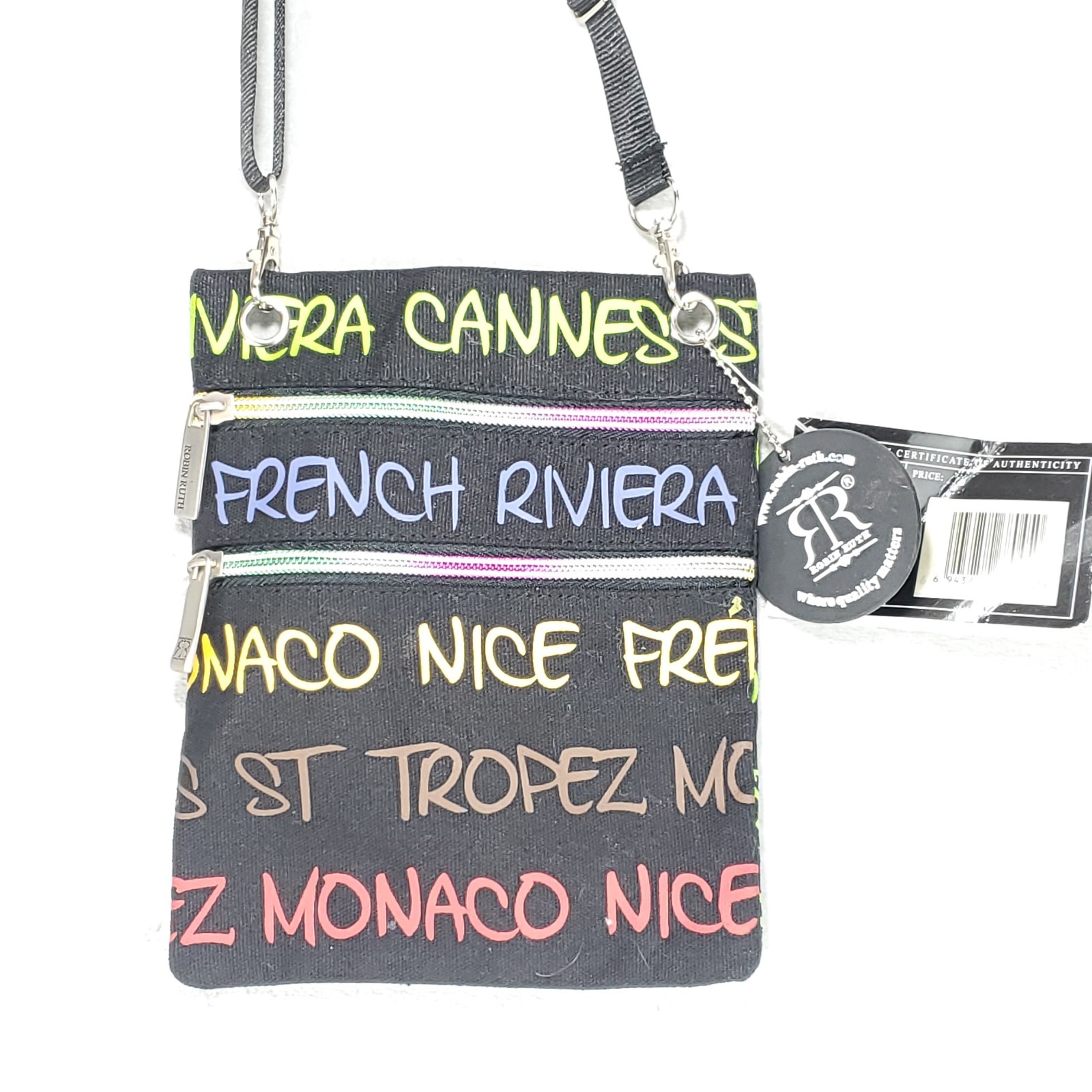Robin Ruth Black & Neon Colored French Riviera 8″x6.5″ Cross Body Bag NEW