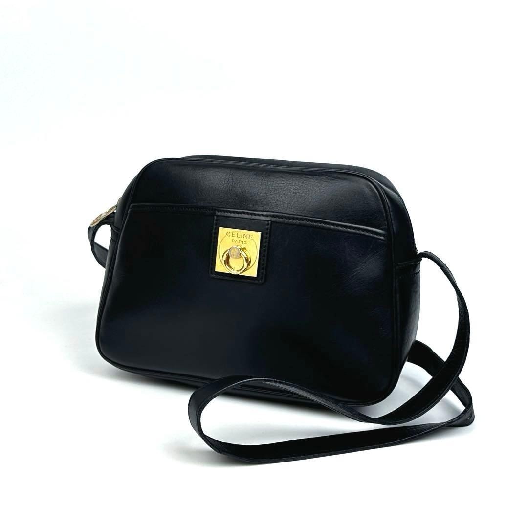 CELINE Celine Ganchini Shoulder Bag Crossbody Black Box Calf Leather Gold Hardw