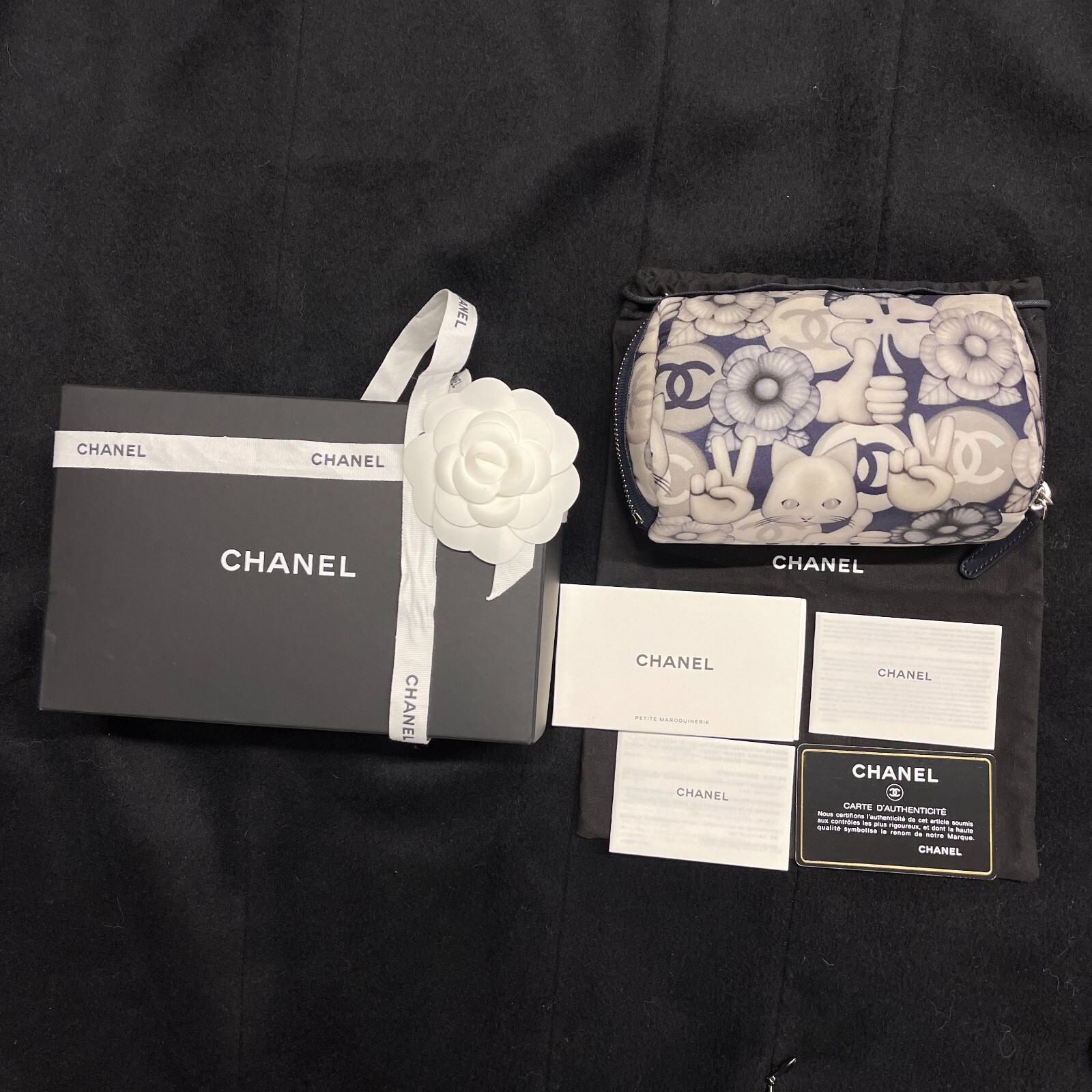 CHANEL Clutch Pouch Cat Emoticon Japan Navy Blue Beige All Over Print 2016 Nylon
