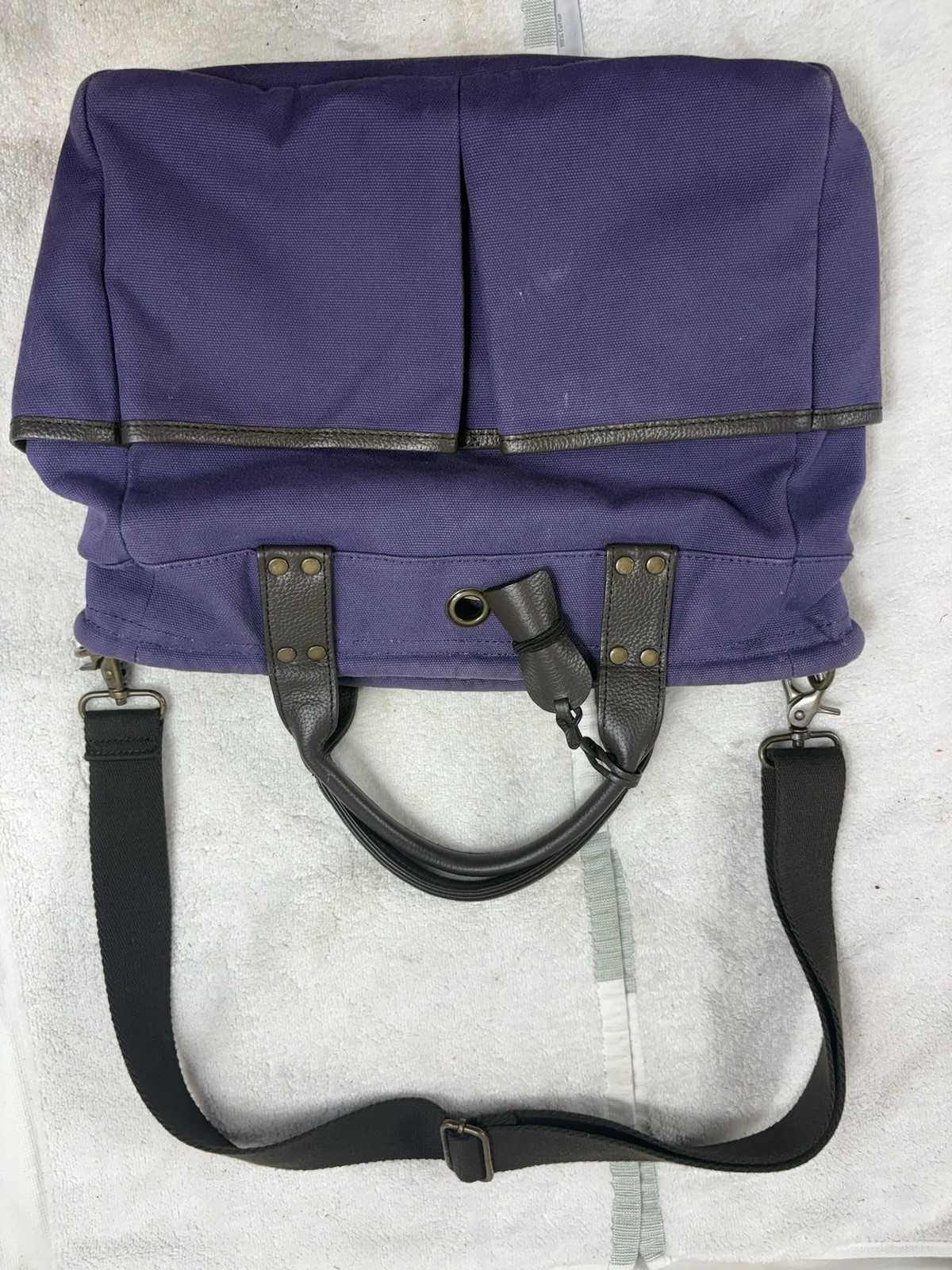 Levenger Bloomsbury Canvas & Leather Tote Bag Purple Crossbody Bookbag 6-Pocket