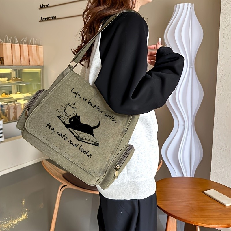 Women’s Cats And Books Pattern Shoulder Bags Adjustable Shoulder Strap Messenger