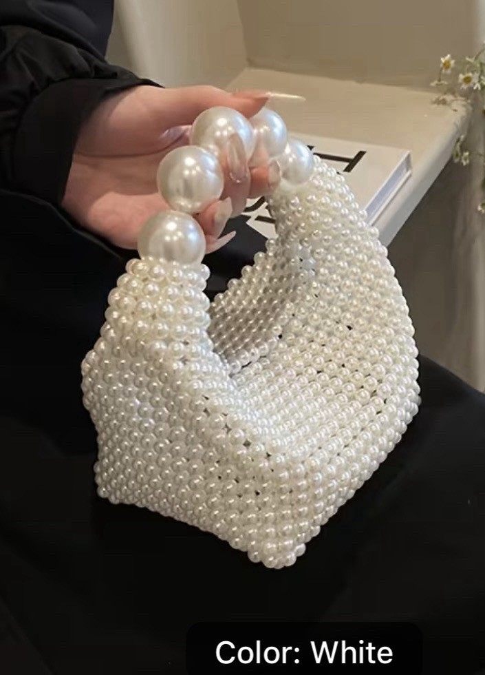 ELEGANT White Pearl Beaded Top Handle Bag, Solid Rectangle Handbag Purse NEW