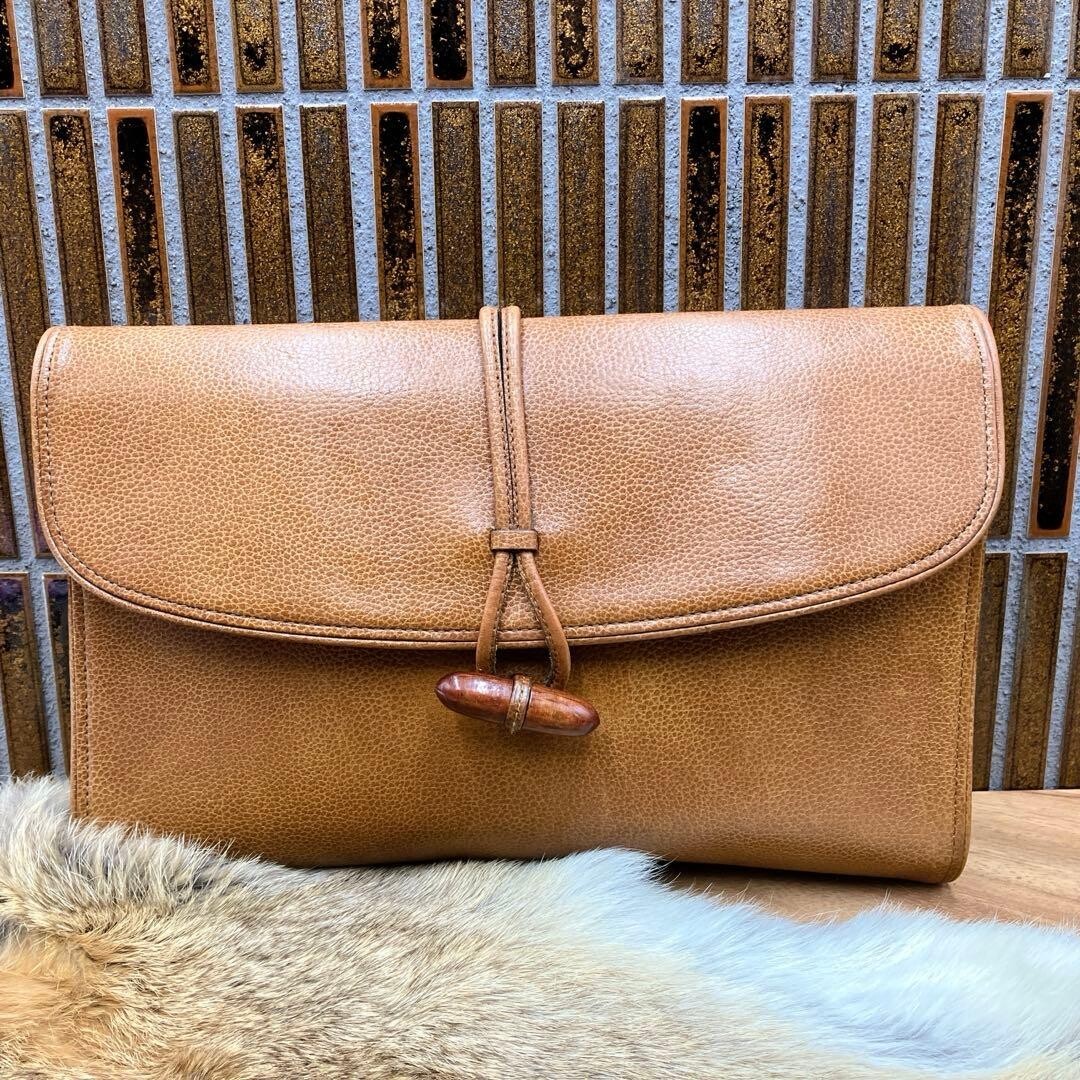 Yves Saint Laurent Brown Leather Clutch Bag Wooden Toggle Men 27.5cm Vintage