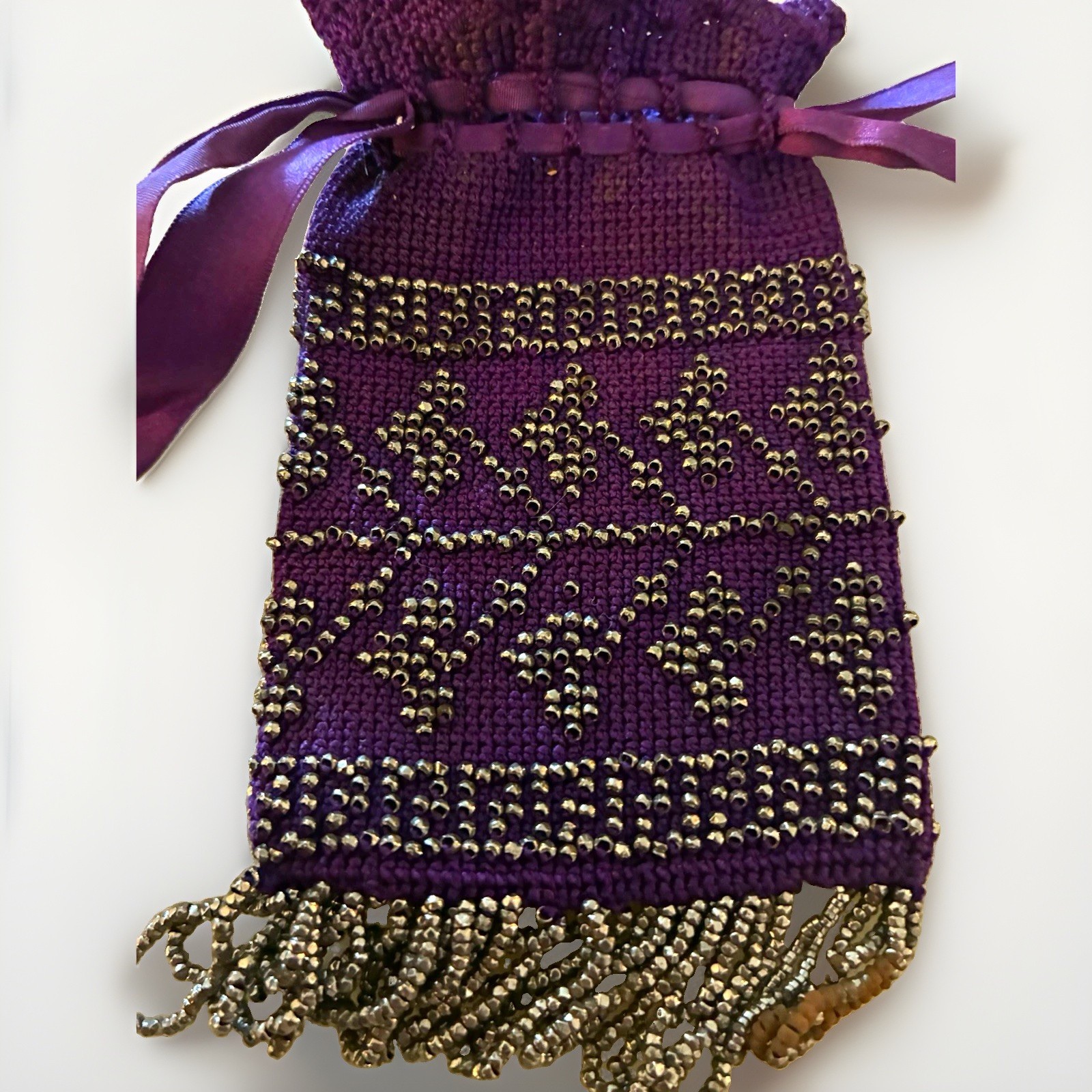 Vintage Purple Beaded Drawstring Pouch Clutch Purse Glass Bead Fringe Ribbon