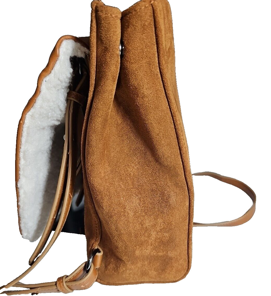 BEARPAW Backpack Bag Brown Faux Suede Shearling Flap Women’s Purse 10in X 9.5in