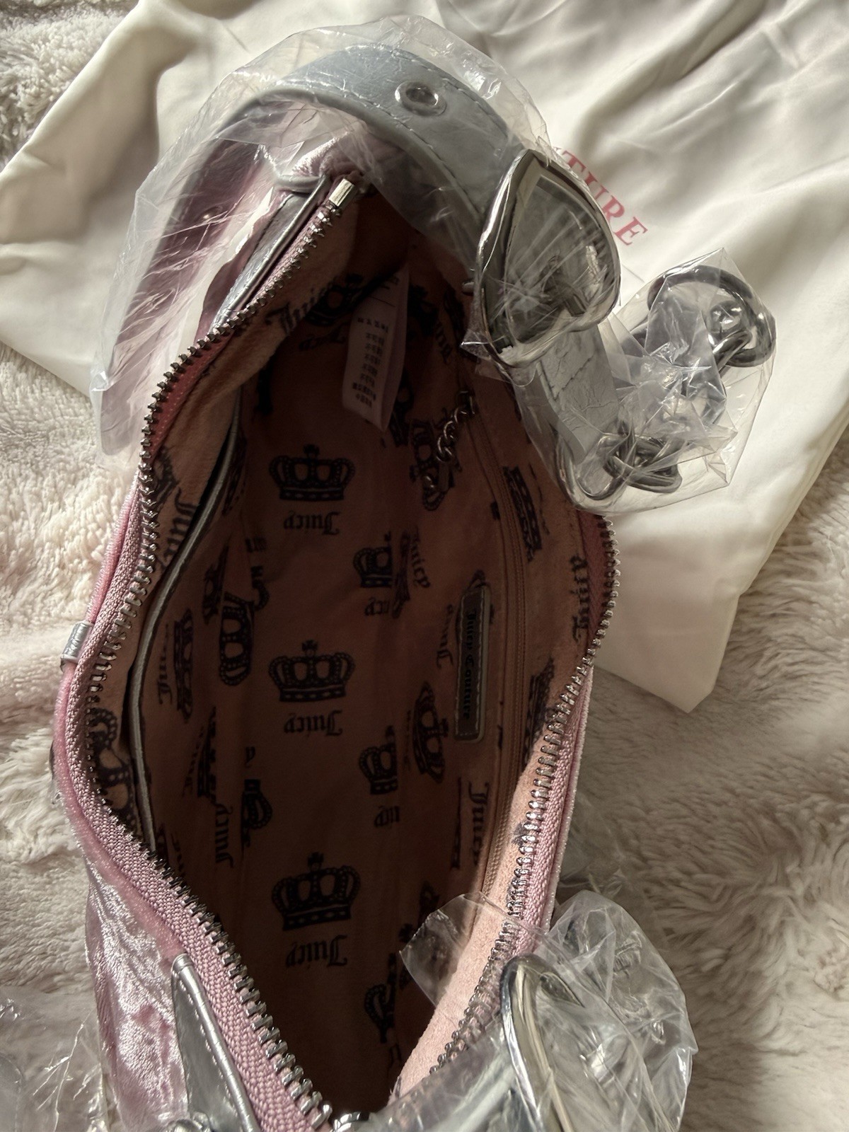 Royal Couture Dusty Pink Velvet Crescent Shoulder Bag w/ Silver Trim + Dust Bag