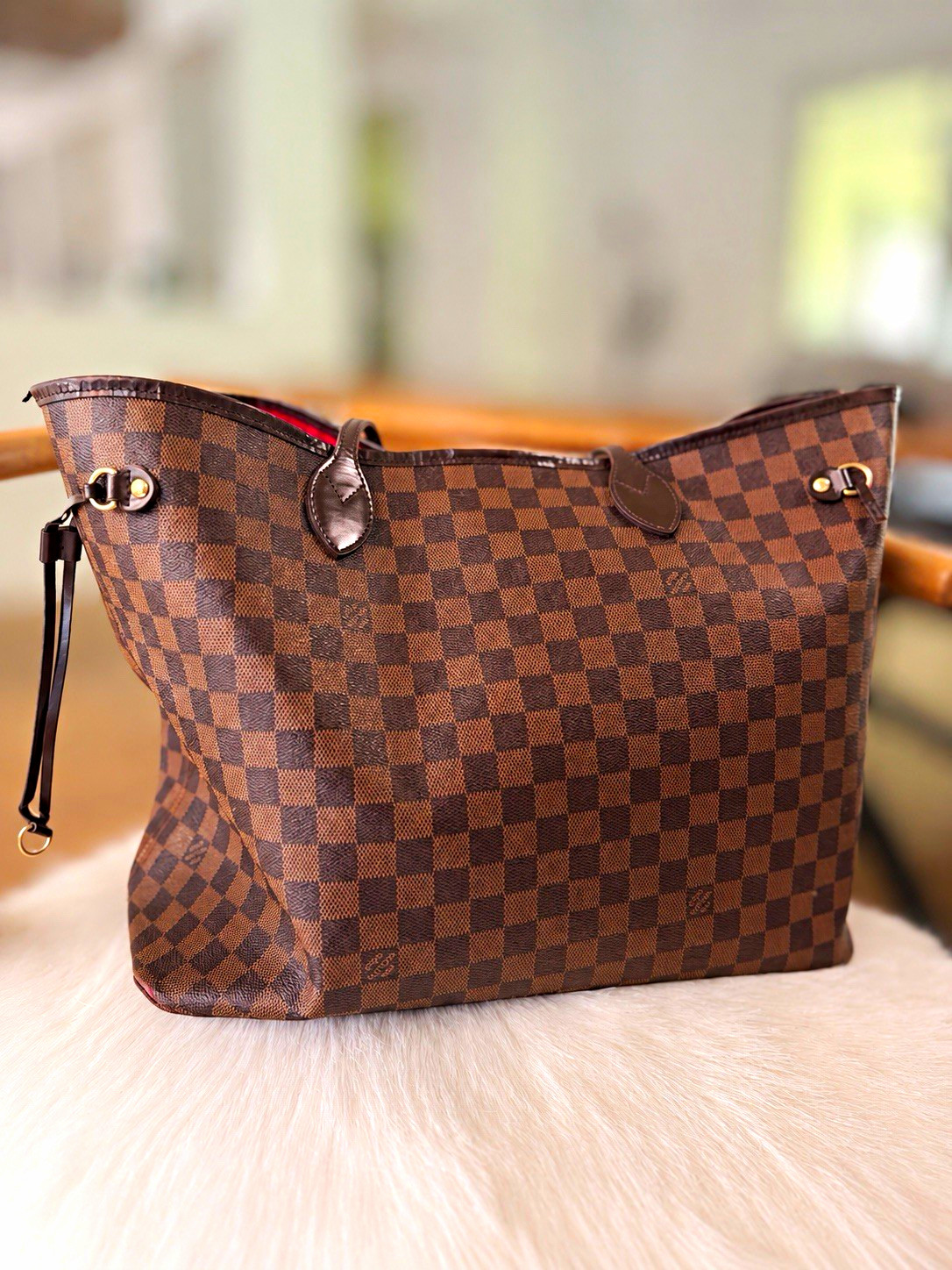 Louis Vuitton Neverfull MM Damier Ebene Brown Tote Red Lining