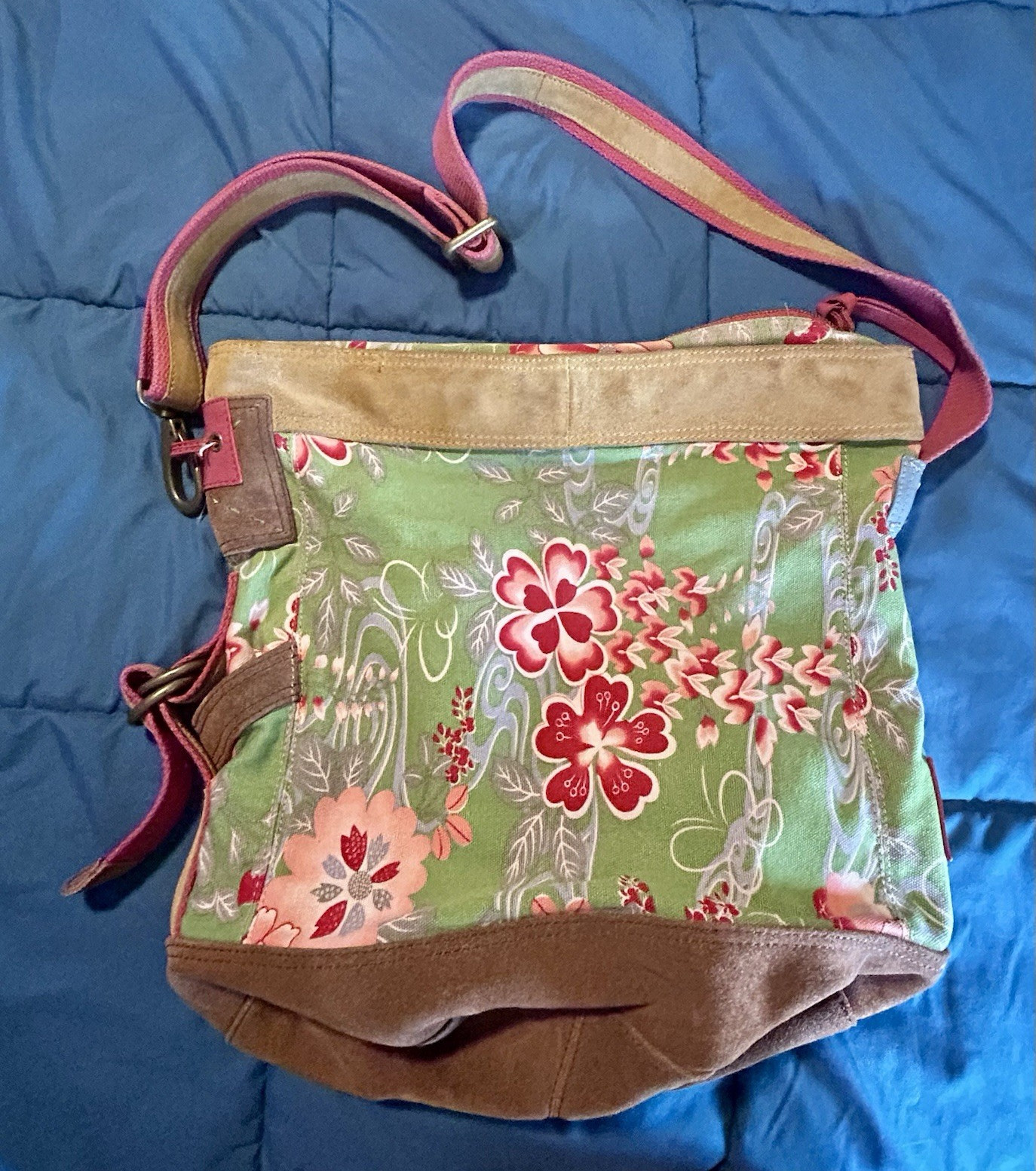 Y2K Lucky Brand Runaway Green Pink Floral Canvas Large Shoulder Hobo Bag