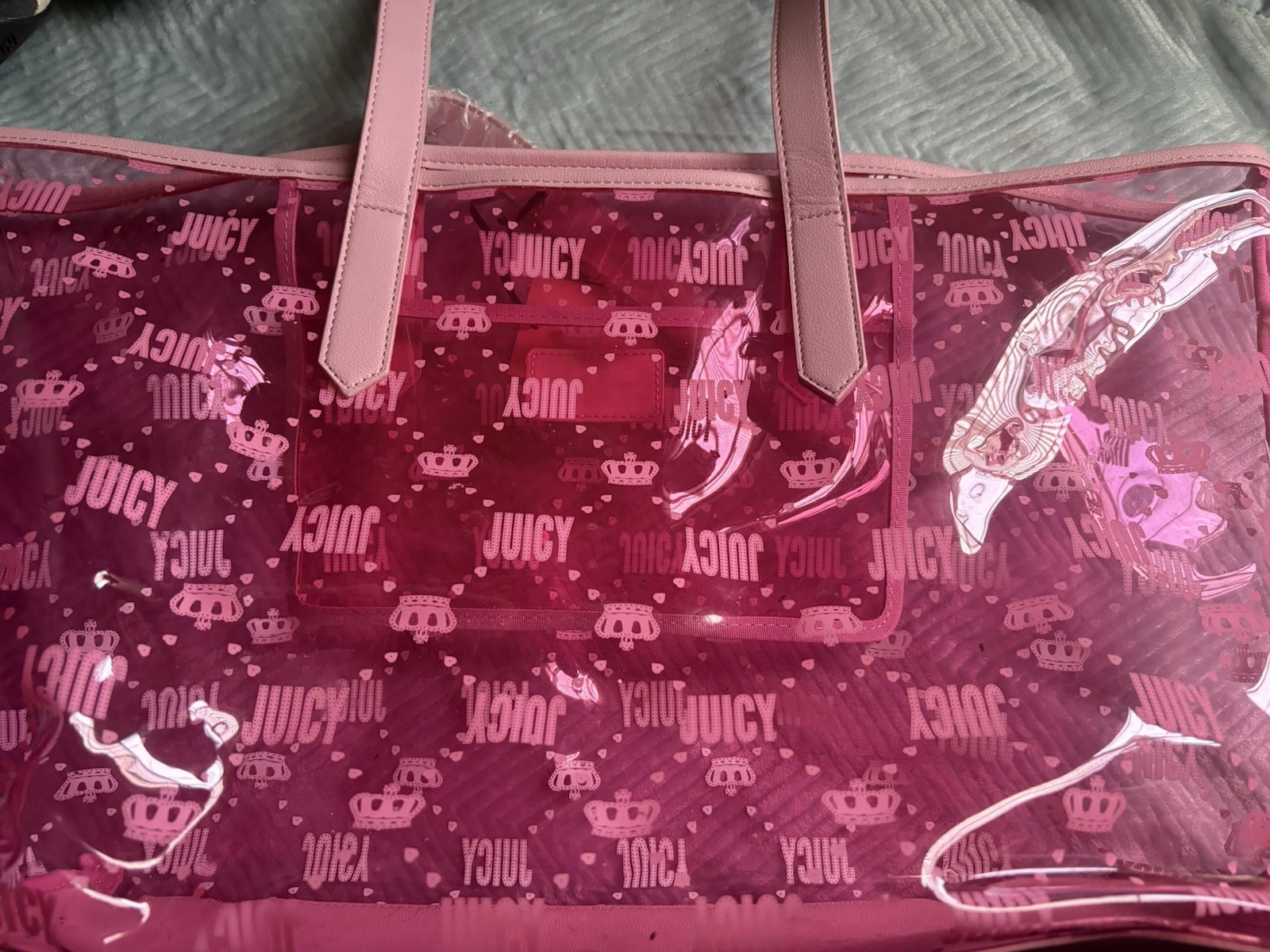 Juicy Couture Beach Tote Pink Transparent Logo Pattern Bag Charm Double Handles