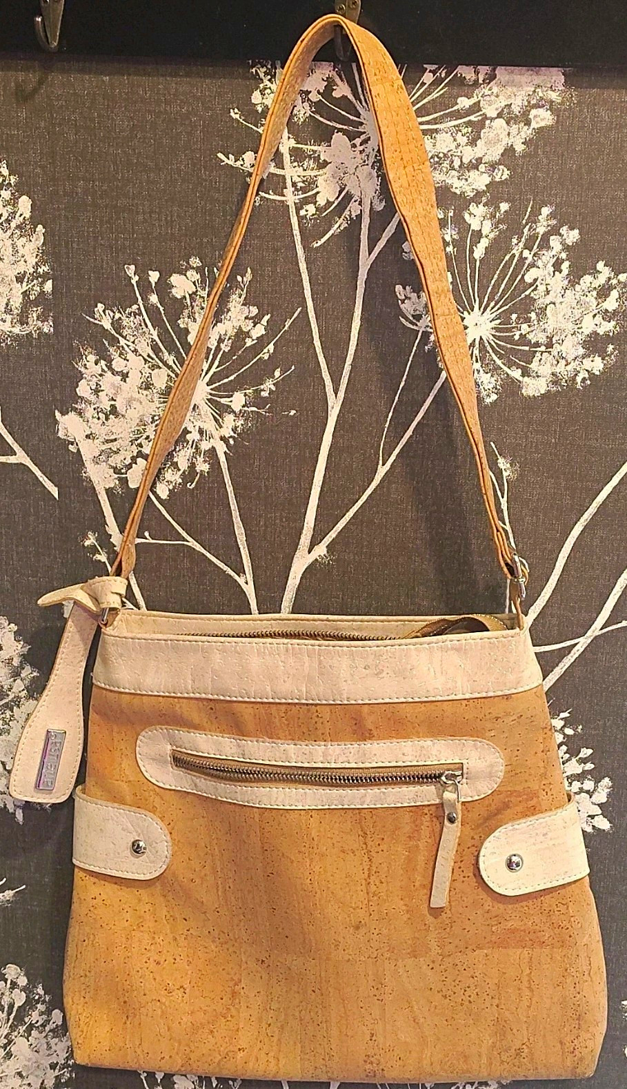 Artelusa Natural Cork Tan & Ivory Crossbody Bag Zip Closure Outer Pockets