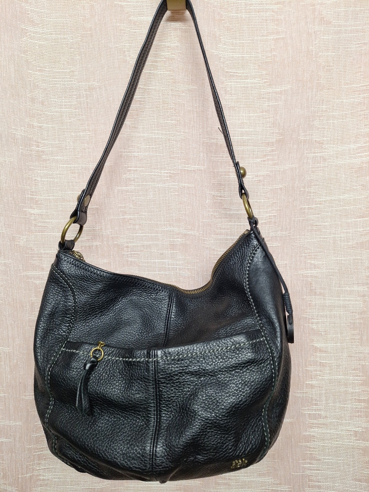 The Sak Black Purse Iris Pebbled Leather Soft Hobo Bag Double Webbing Shoulder