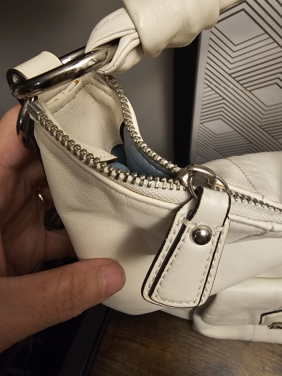 Coach Kristen Ivory Hobo Shoulder Bag Zip Silver Hardware Blue Lining