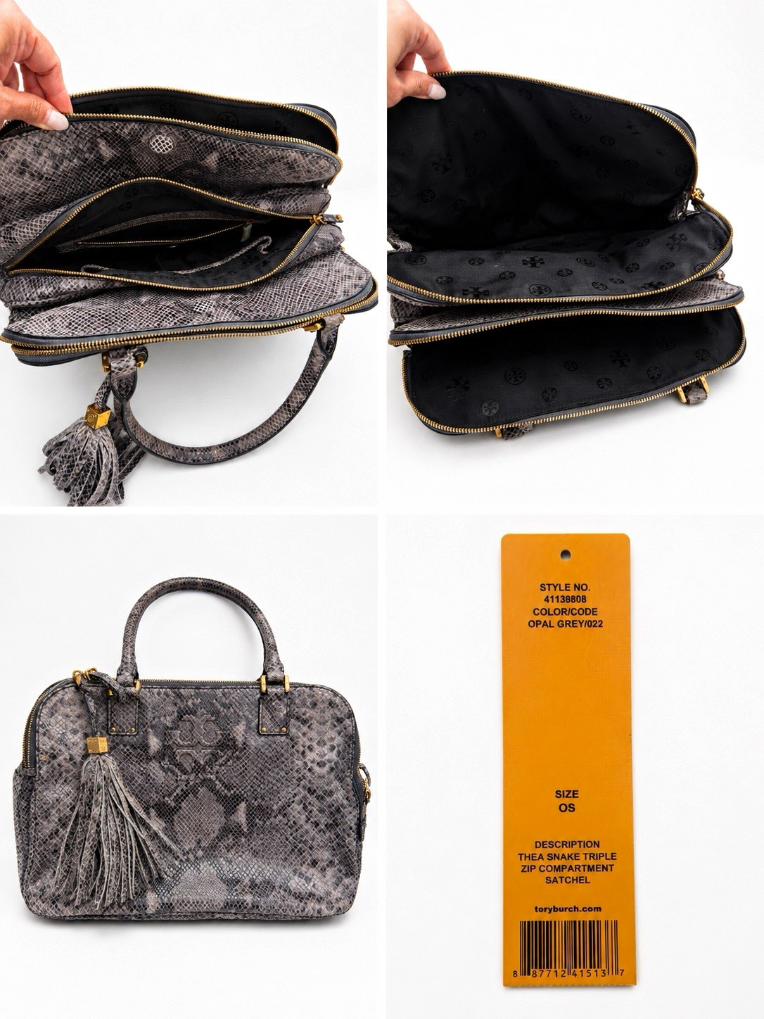 Tory Burch Thea Snake Skin Triple Zip Satchel Top Handle Gray Tassel Gold