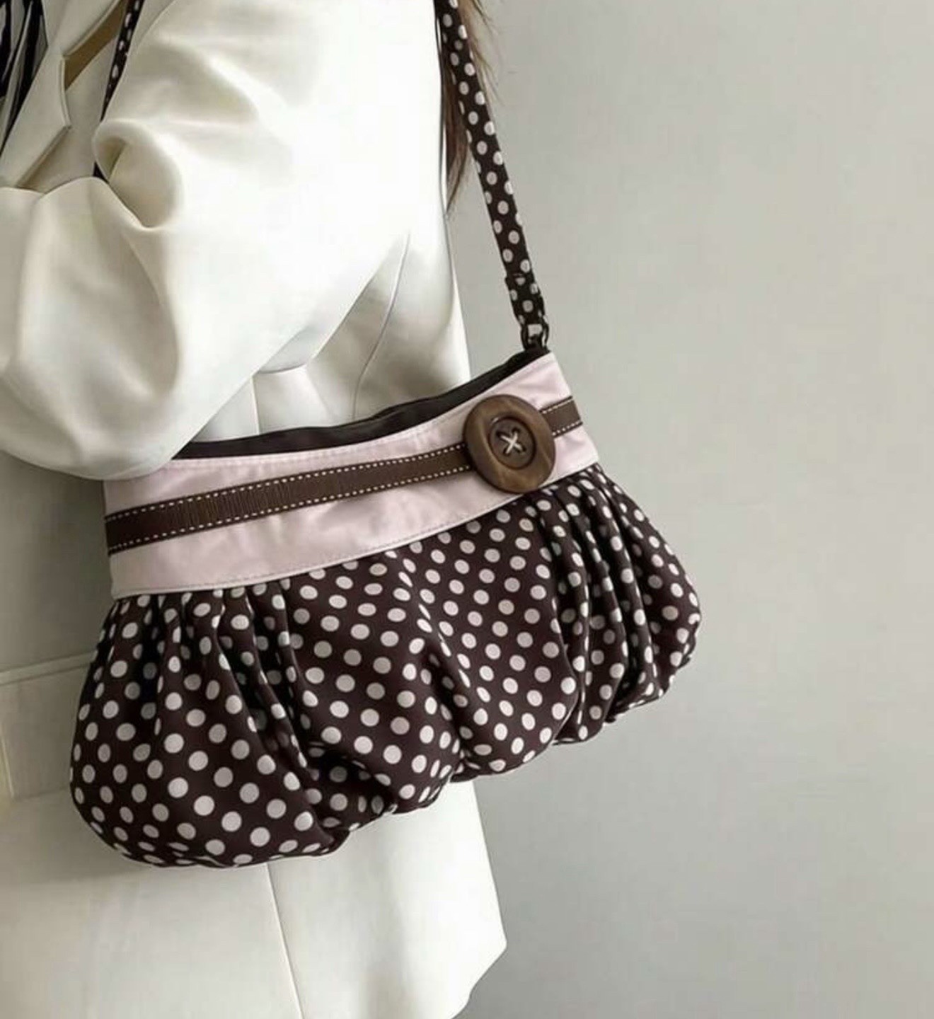 Brown White Polka Dot Ruched Shoulder Bag Blush Beige Trim Button Purse