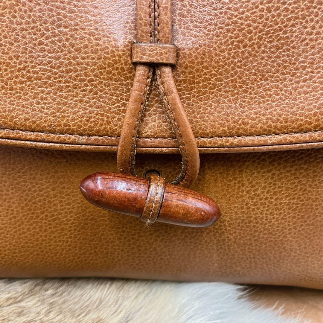 Yves Saint Laurent Brown Leather Clutch Bag Wooden Toggle Men 27.5cm Vintage