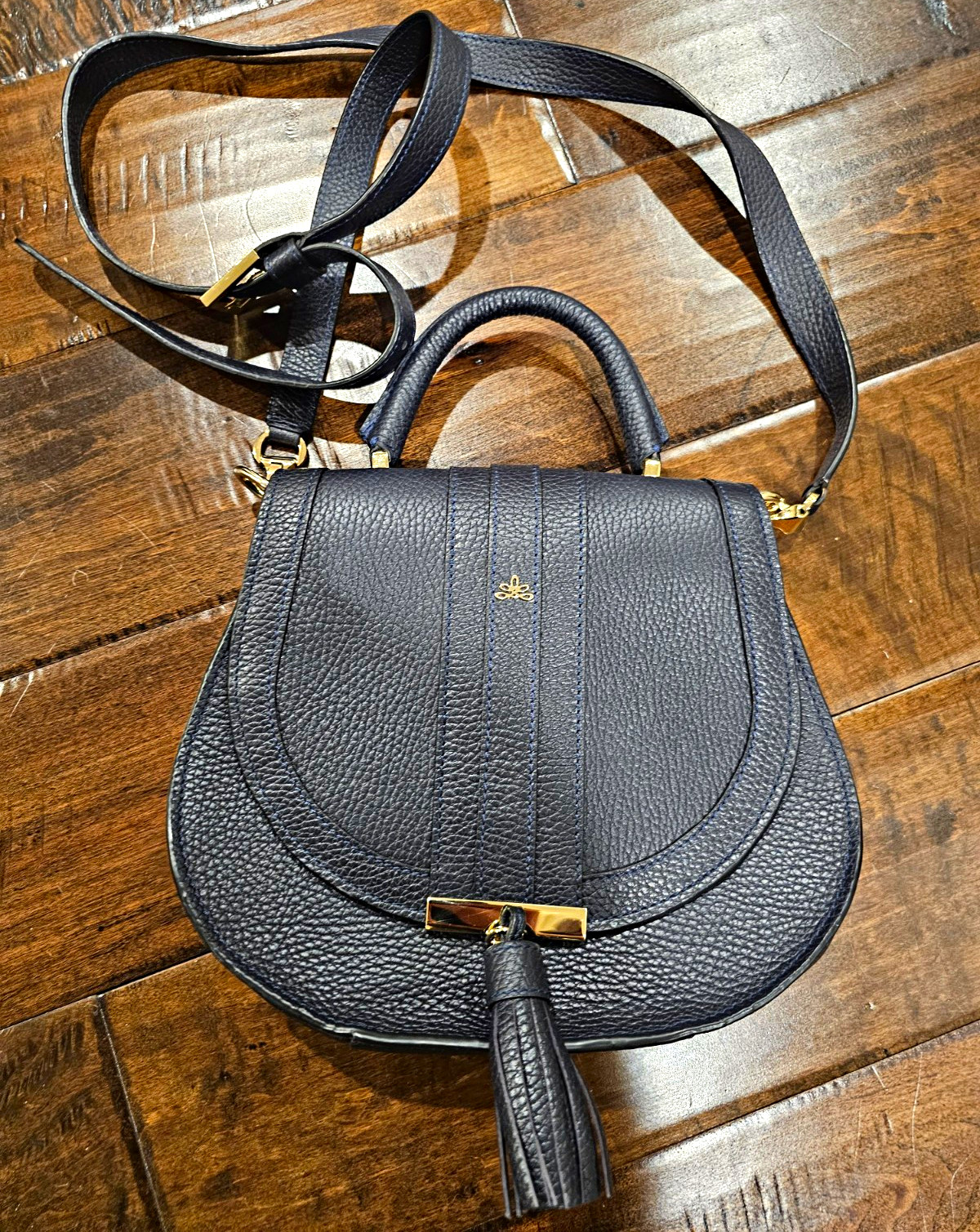 DeMellier The Mini Venice Navy Grain Gold Hardware Satchel Adjustable Strap