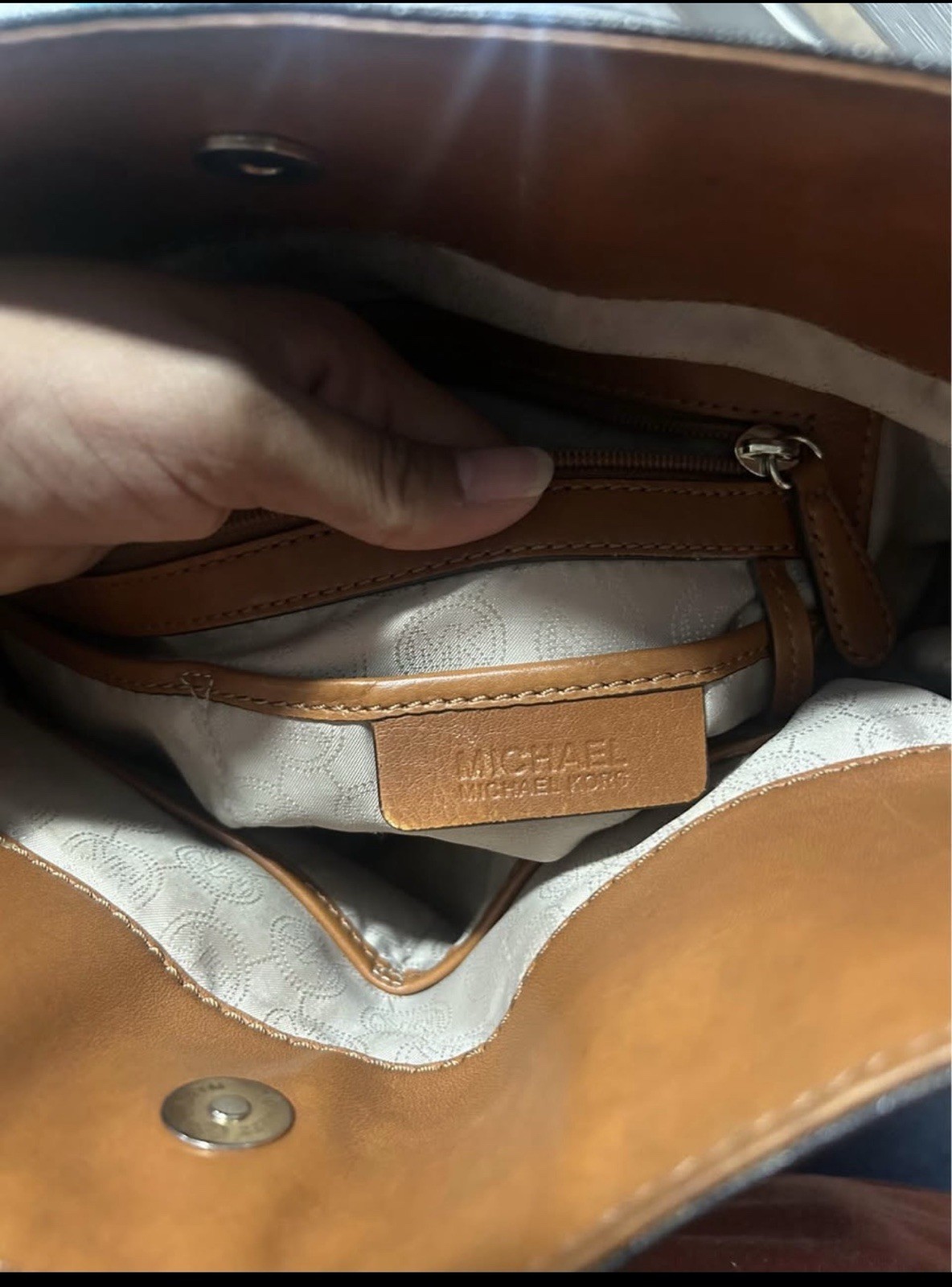 Michael Kors Brown MK Monogram Hamilton Satchel Top Handle w Strap, Gold