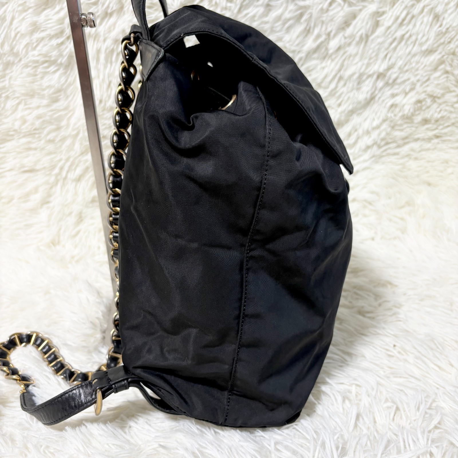 Super PRADA Backpack Gold Chain Triangle Logo Plate Nylon Black From Japan