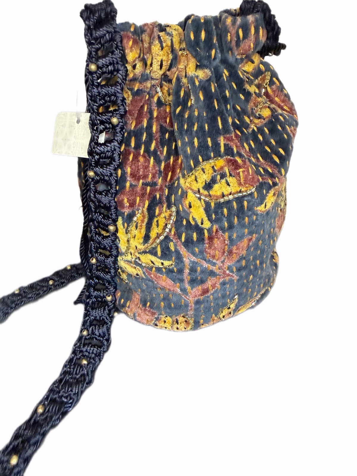 Free People Moon Crossbody Bag Midnight Velvet Kantha Beaded Bucket NWT
