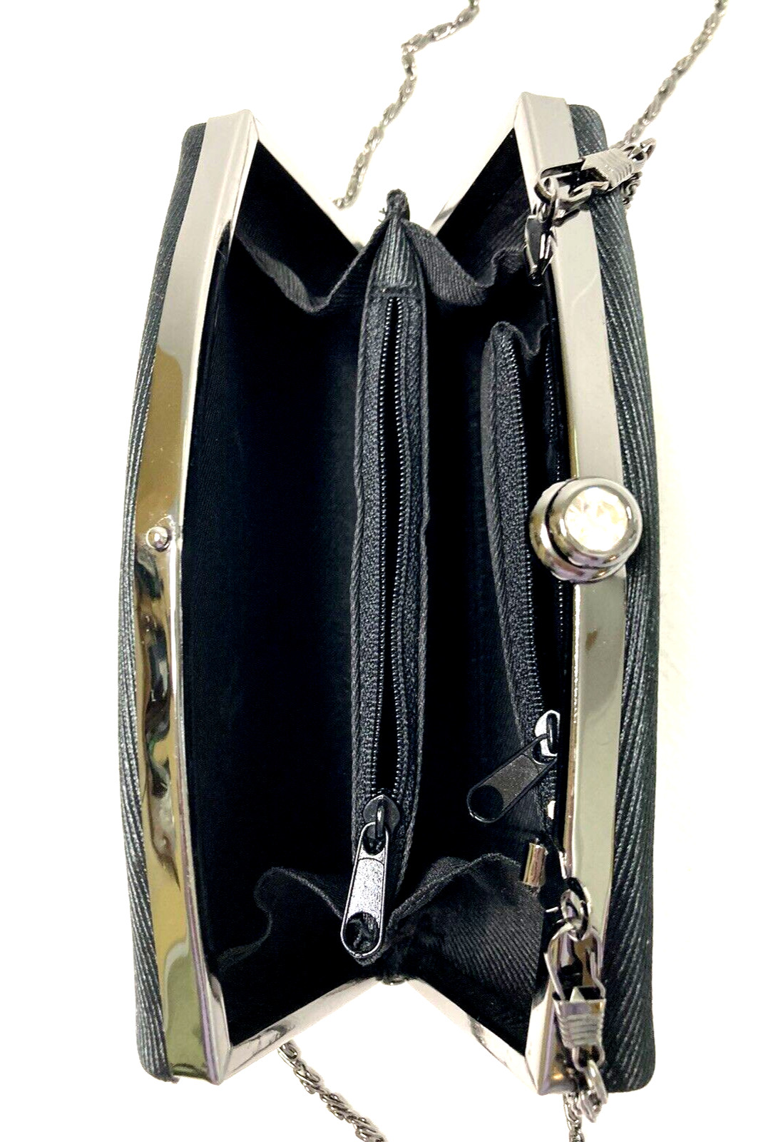 Black Evening Purse Rhinestone Closure Silver Toned Chain Prom Homecoming Weddin