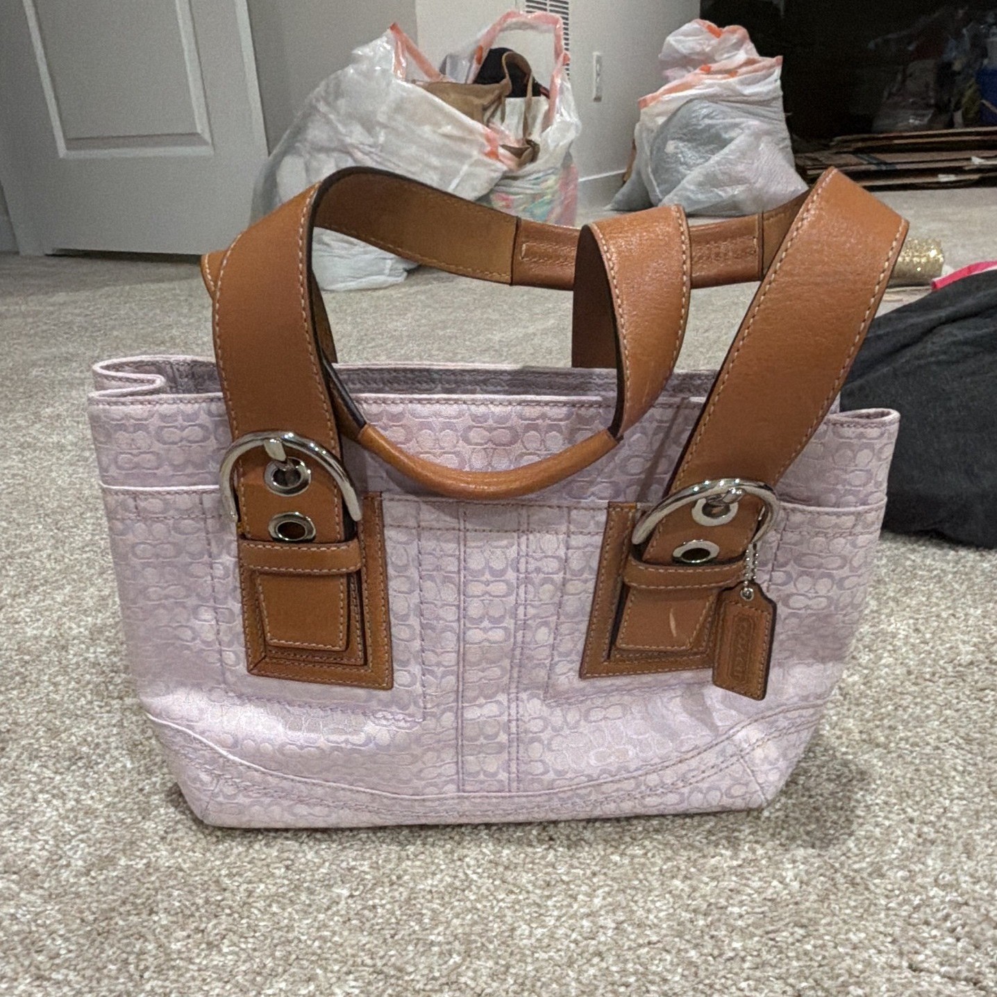 Coach Signature Purple Medium Tote w/ Brown Leather Straps Silver Hardware