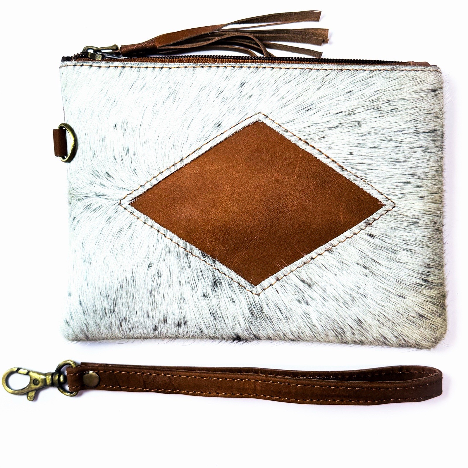 Rustic Ranch Cowhide Wristlet Hair Hide Leather Clutch Western Boho Zip Pouch