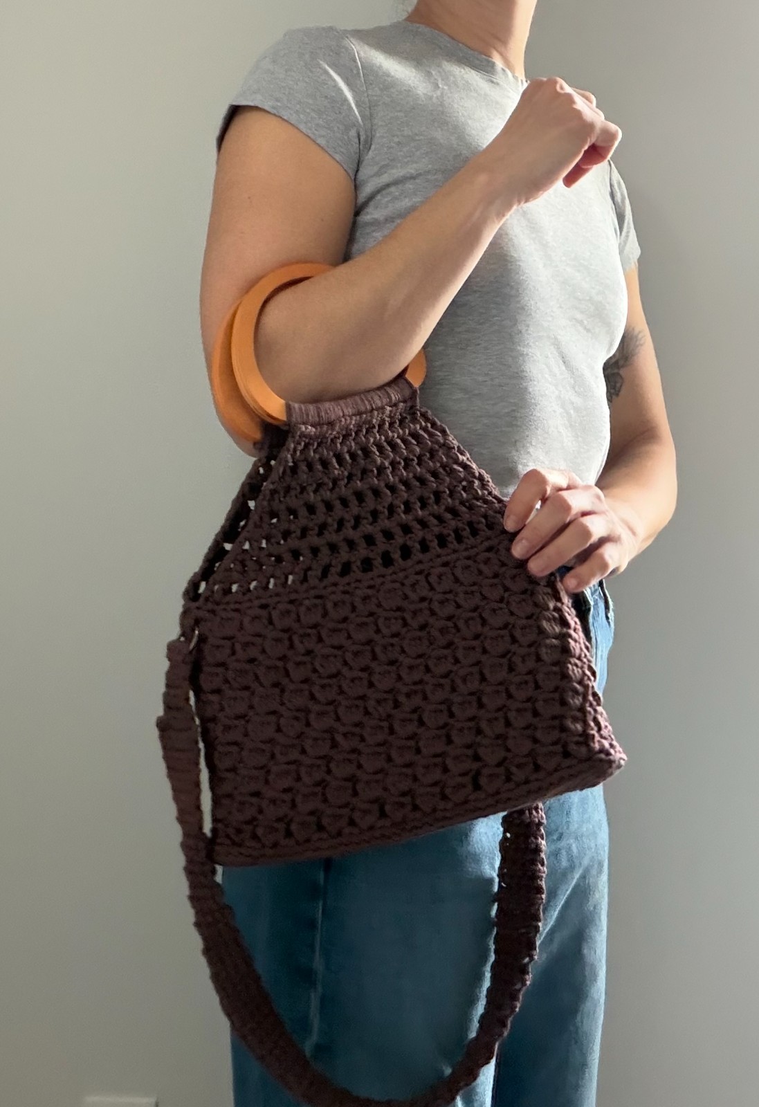 Handmade Crochet Cotton Tote Bag Brown | Wooden Handle & Crossbody Strap | Boho