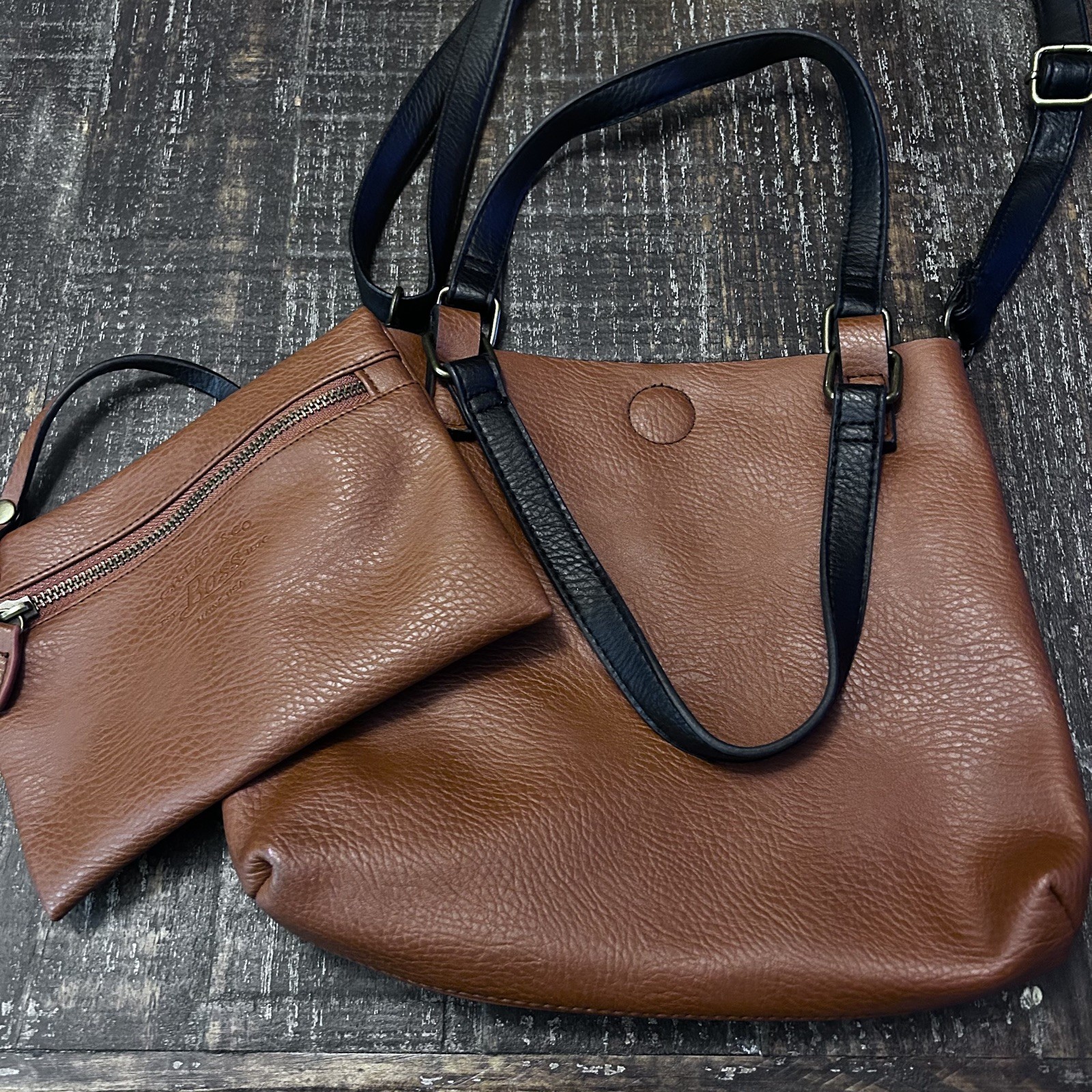 GH Bass Co Bag Women Camel/Black Reversible Leather Handbag Crossbody with Pouch