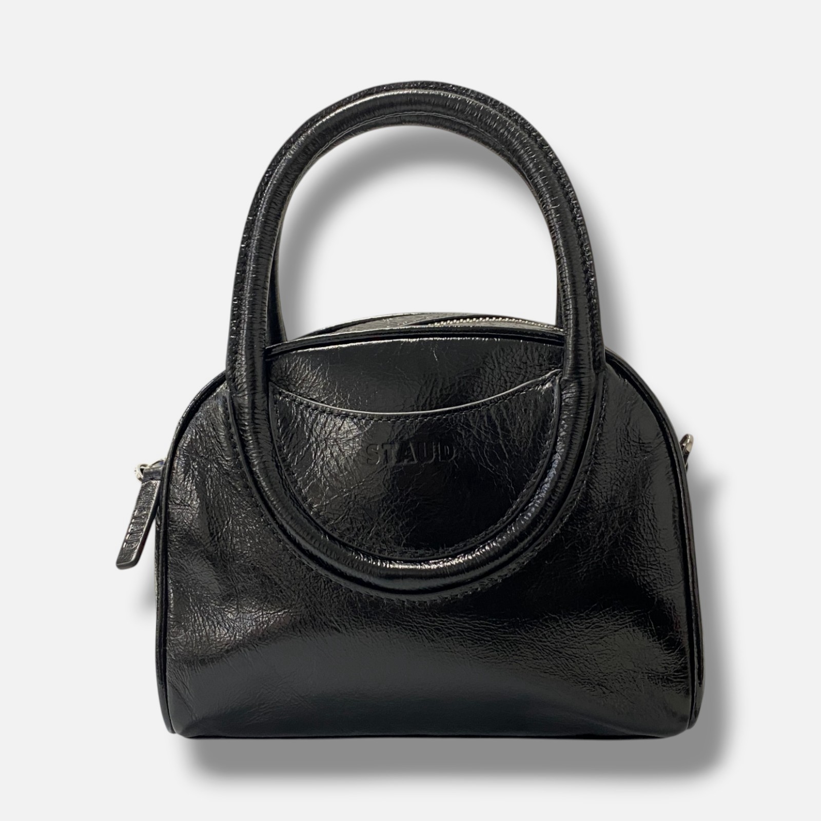 Staud Women’s Black Leather Crinkled Texture Mini Bowler Maude Top Handle Bag