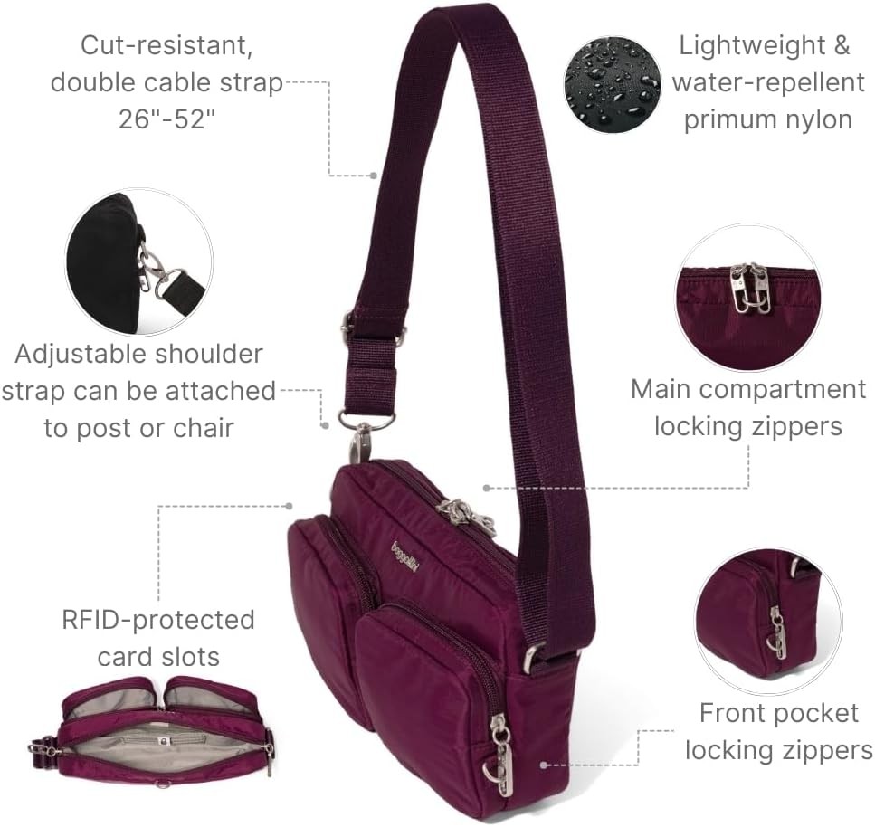 Baggallini Securtex Anti-Theft Treasure Crossbody 9″x5.5″ Small, Mulberry