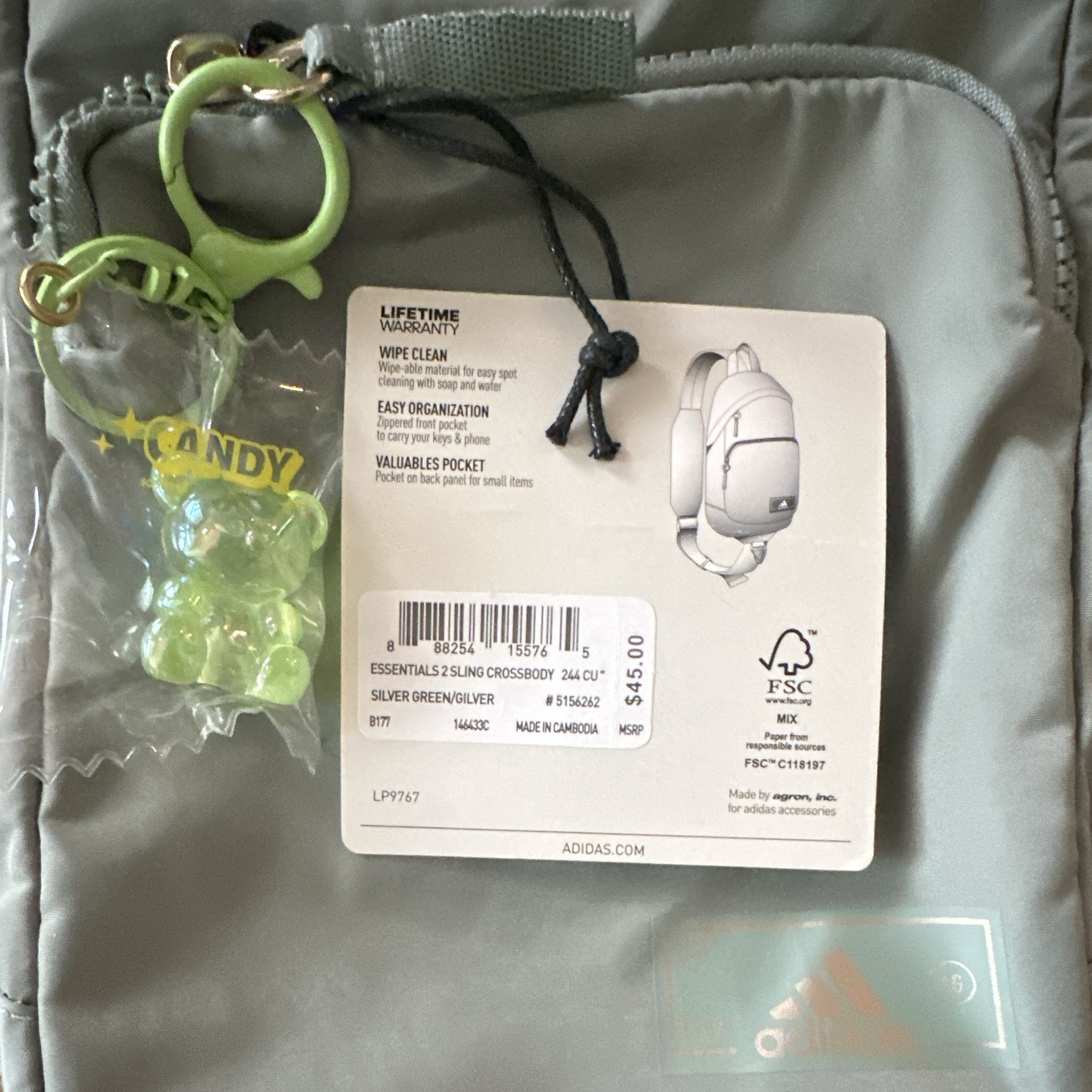 adidas Essentials Small Sling Crossbody Bag Green/Silver Zip, Outer Pockets