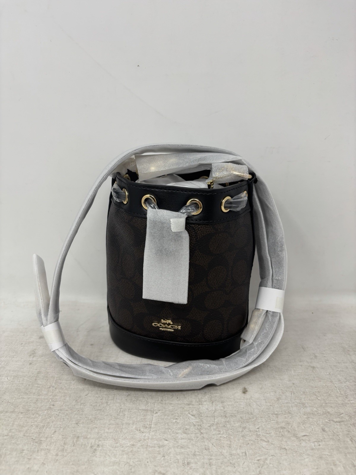 $298 Coach Mini Bucket Walnut/Black Leather Drawstring Bag In Signature Canvas