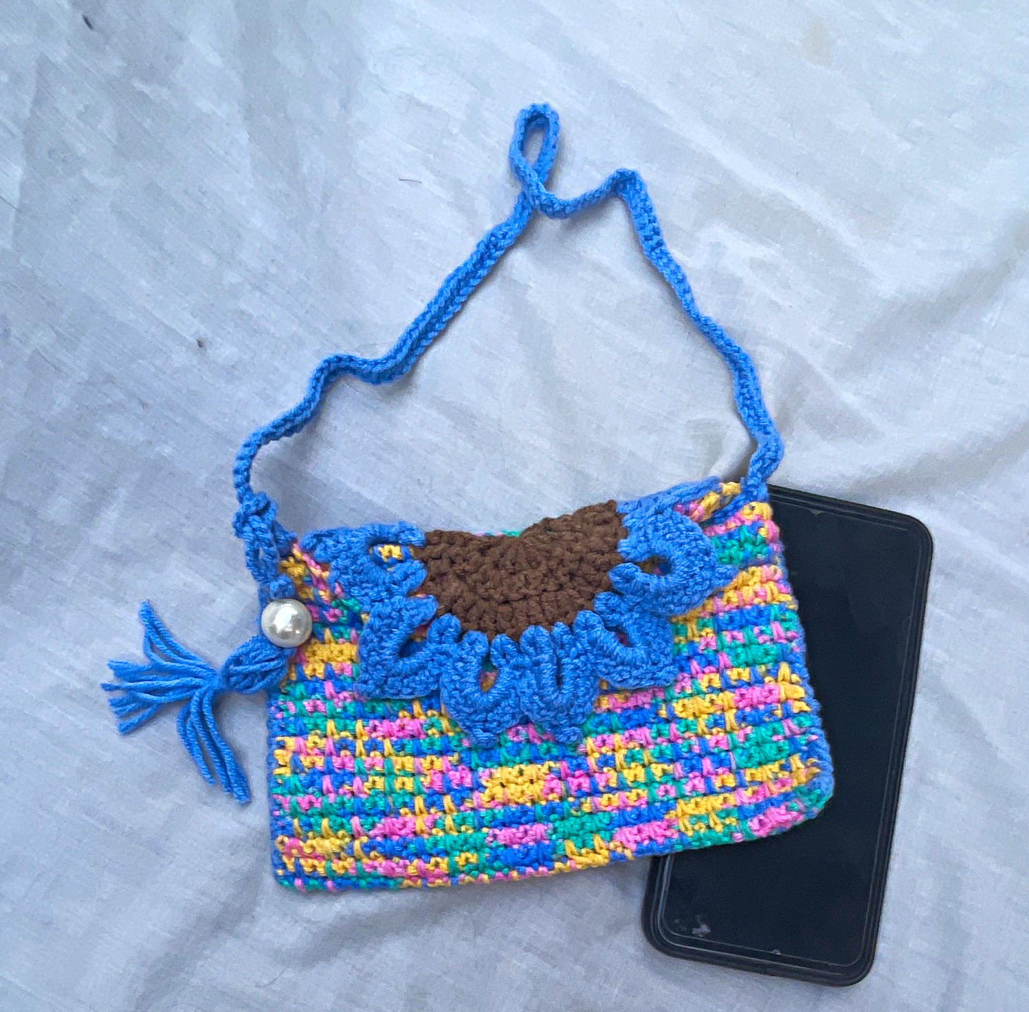 Handmade Crochet Sunflower Crossbody Bag Multicolor Striped Tassel Beaded Charm