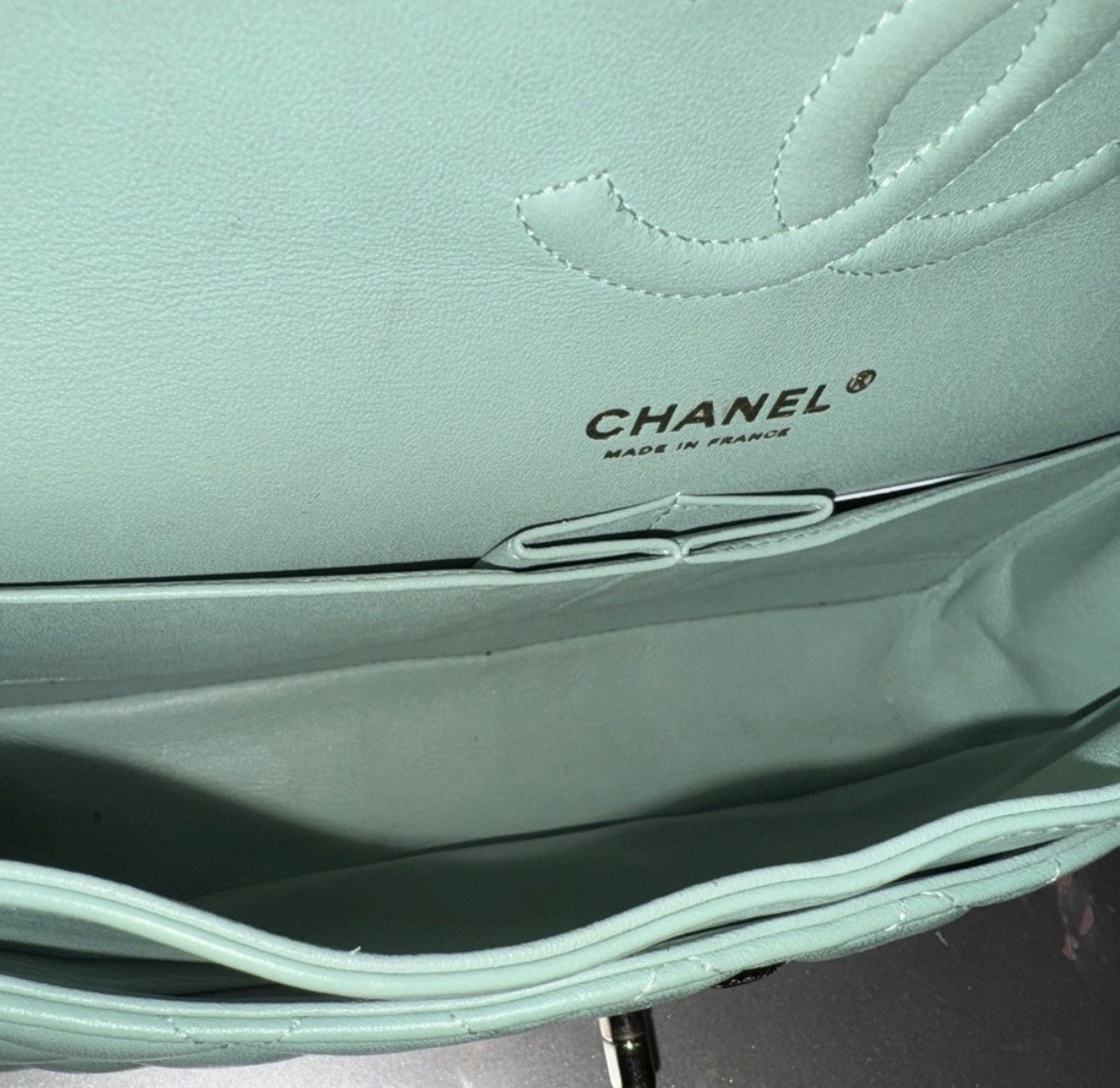 CHANEL Light Blue Quilted CC Flap Shoulder Bag Chain Strap Turn Lock Silver