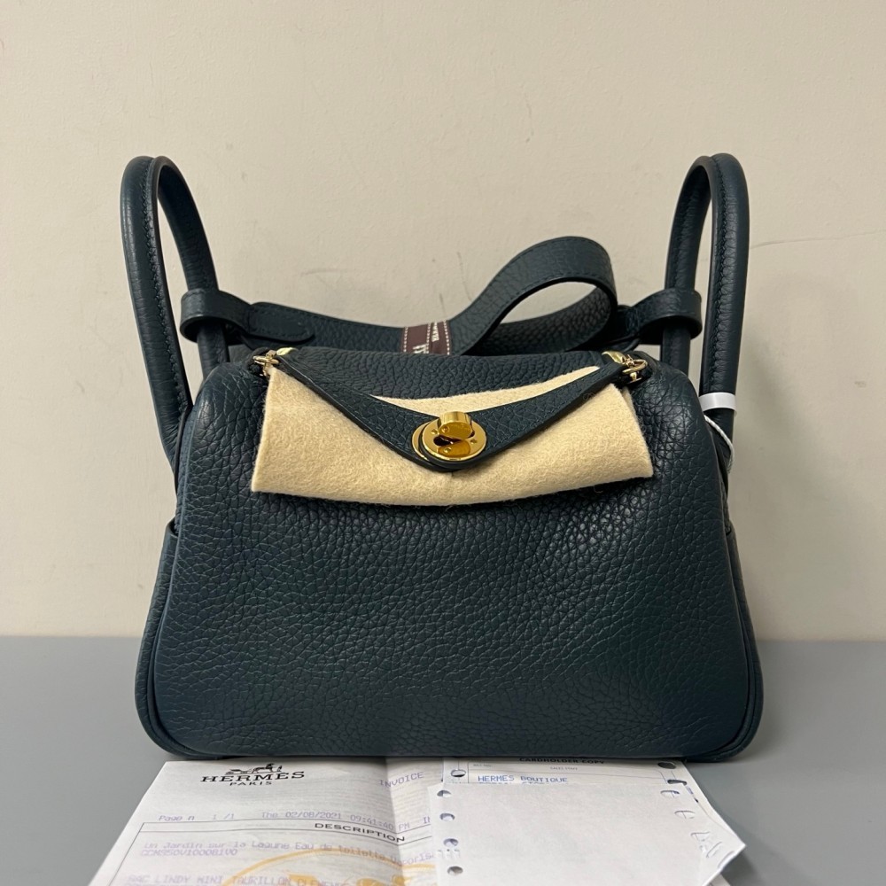 Hermes mini Lindy with green and gold hardware, TC leather.