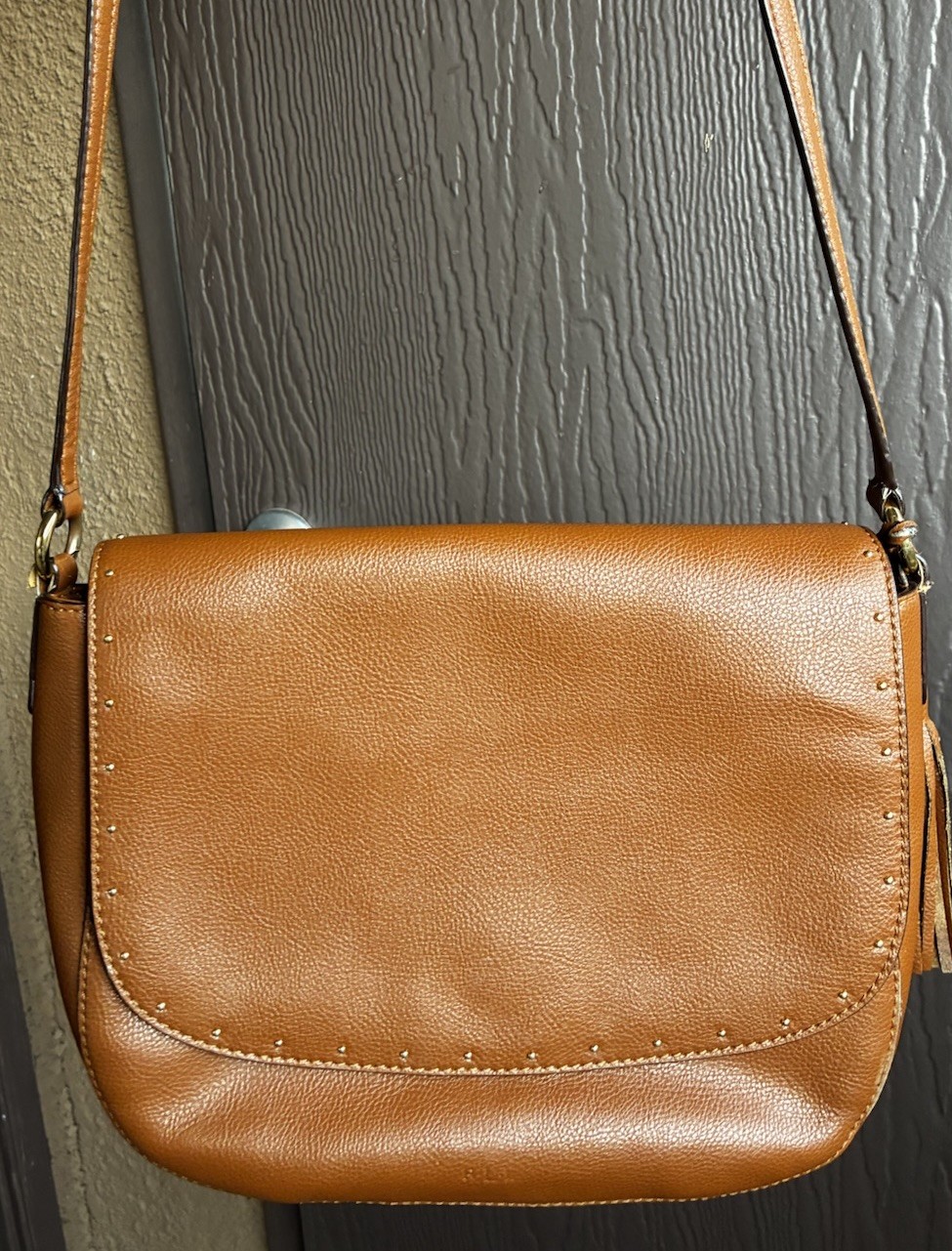 Lauren Ralph Lauren Brown Cow Leather Crossbody Bag Tassel Magnetic/Zip, Gold