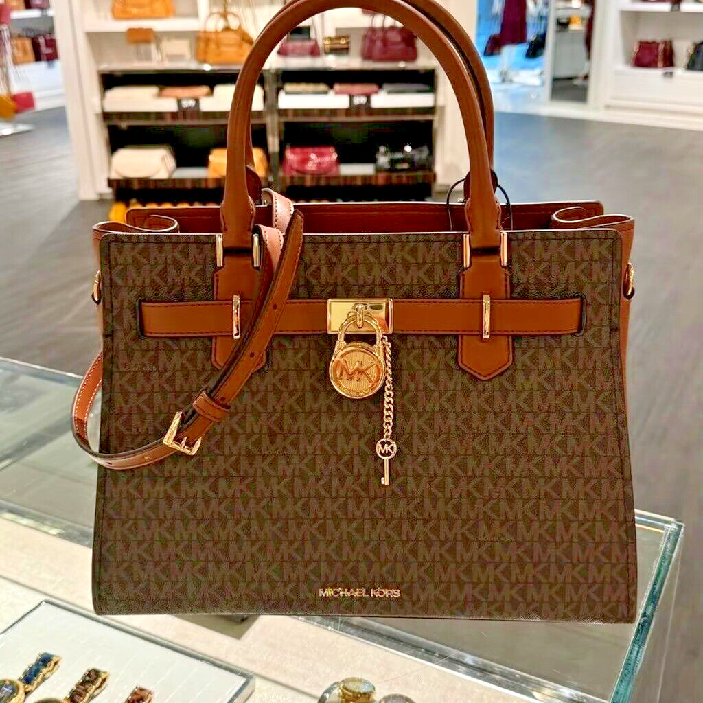 Michael Kors Hamilton Medium MK Logo Satchel Crossbody Shoulder Purse Bag(Brown)