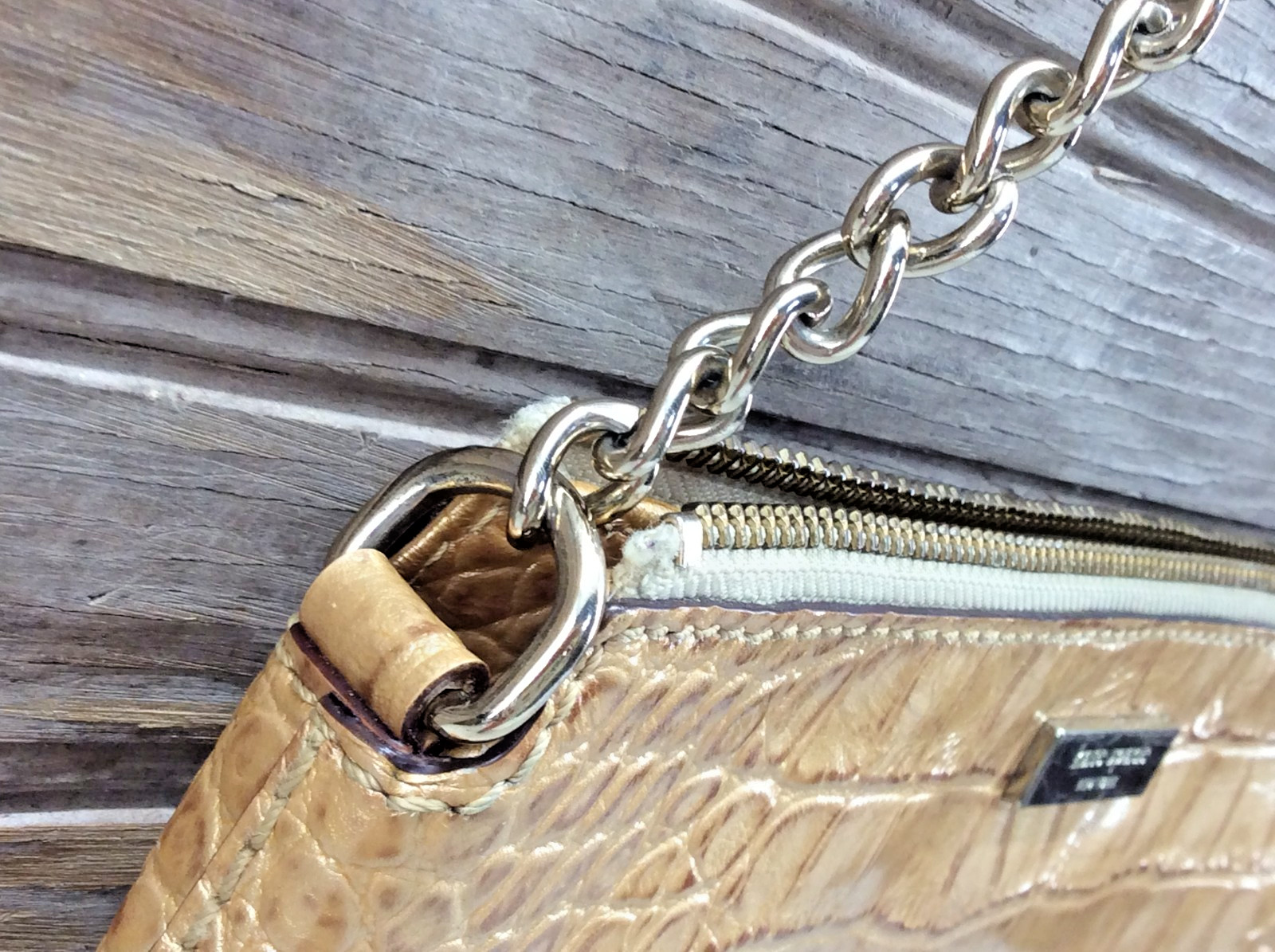 Kate Spade Knightsbridge Shoulder Bag Gold Croc Leather Gold Chain Zipper Close