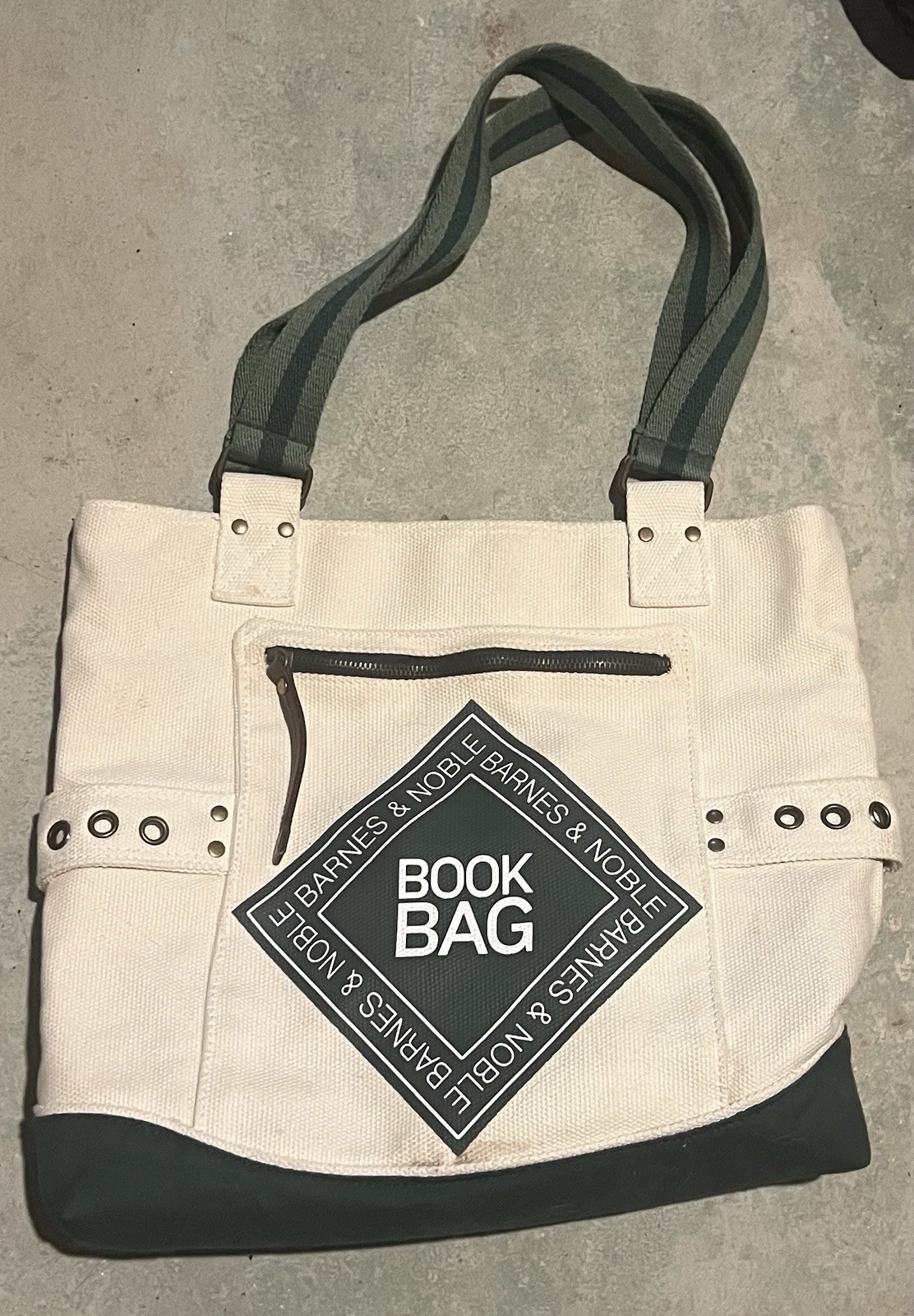 Barnes & Noble Worlds Best Book Bag Canvas Tote Green Cream Shoulder Purse