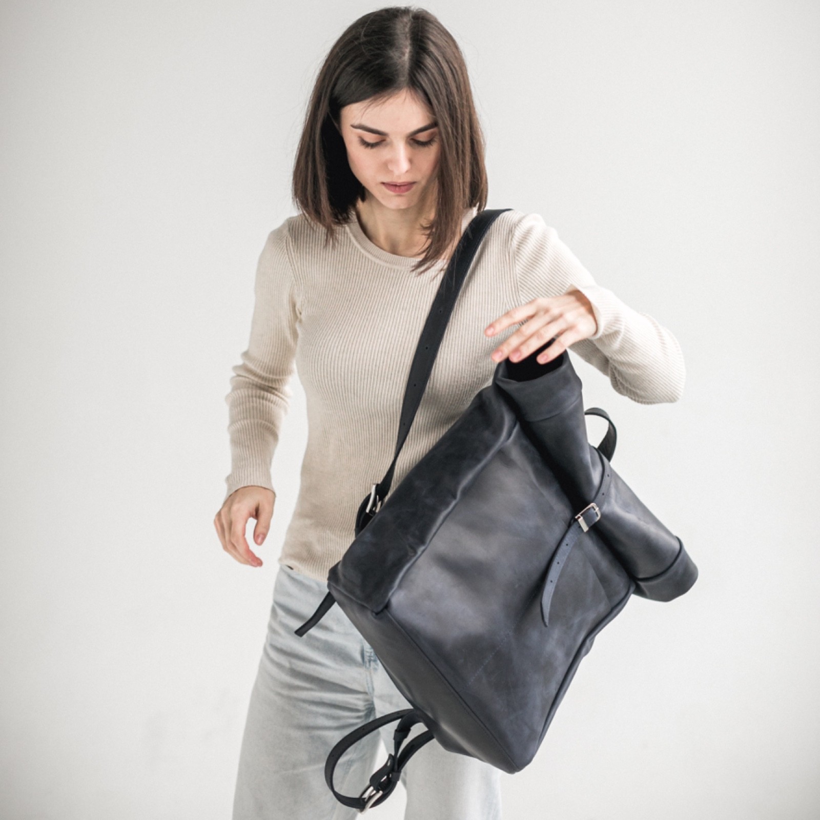 Navy Blue Leather Roll Top Backpack Full Grain Laptop Bag Handmade Travel