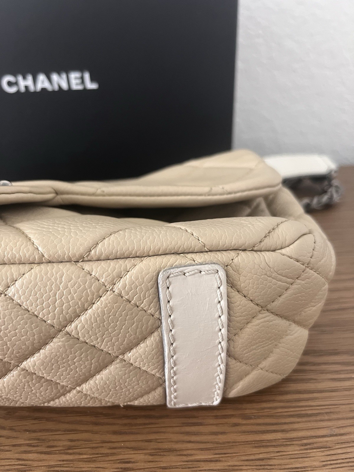 CHANEL Beige Gray Quilted Classic Flap Bag Silver Hardware