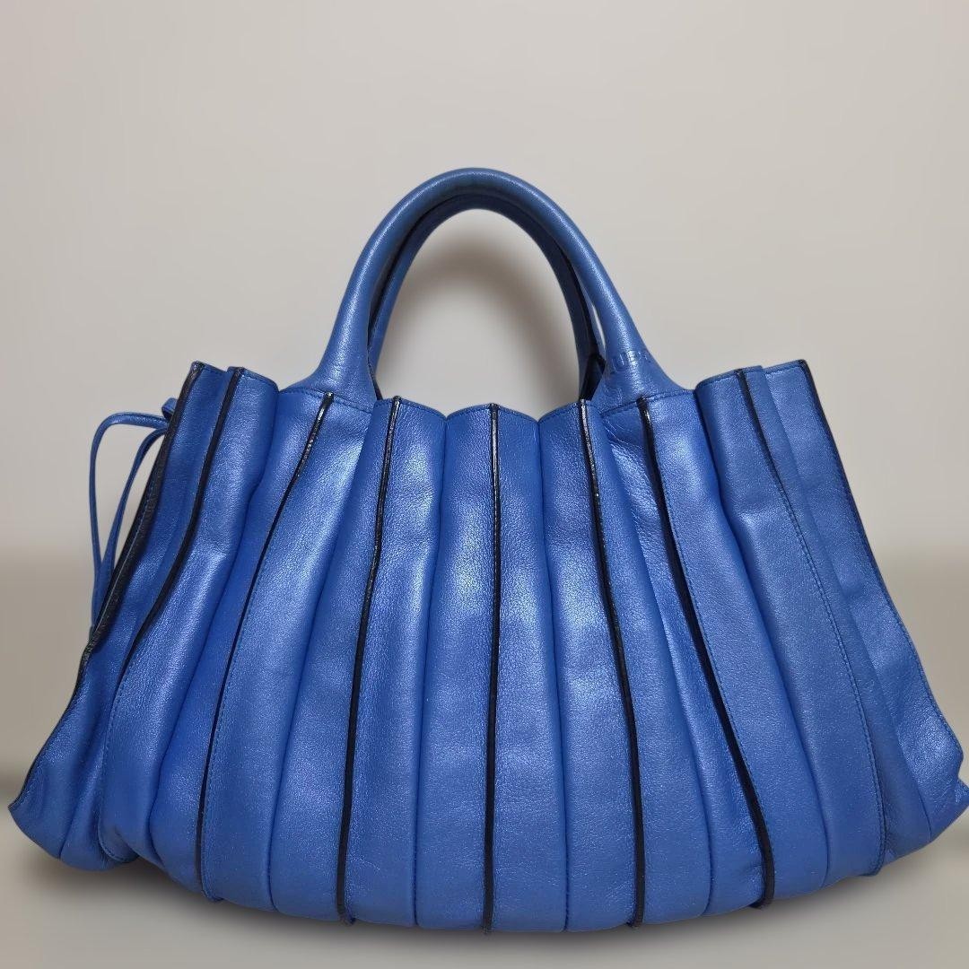 LUPO Barcelona Pleated Handbag Tote Bag Leather Blue Used